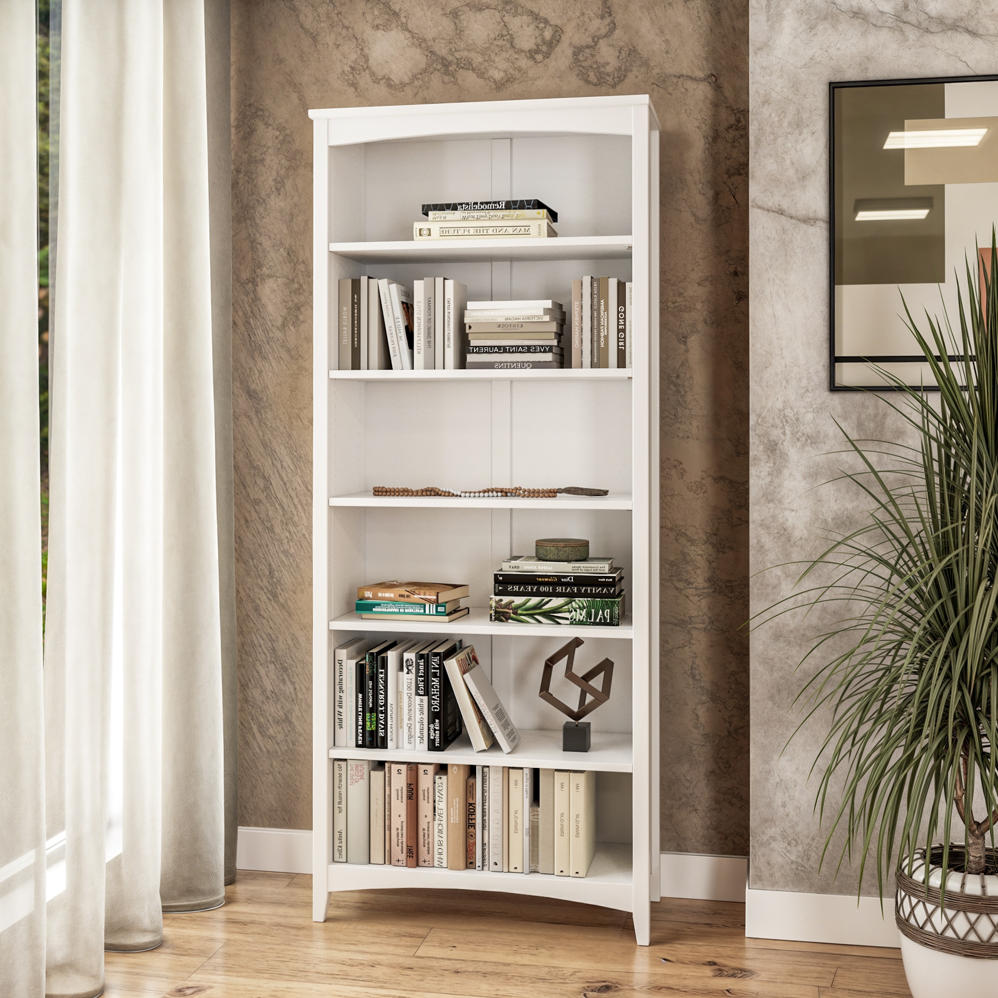 Camaflexi SHK343 Shaker Style White Wood 6 -Shelf Bookcase ( 30-in W x 72-in H x 13-in D ) Finished