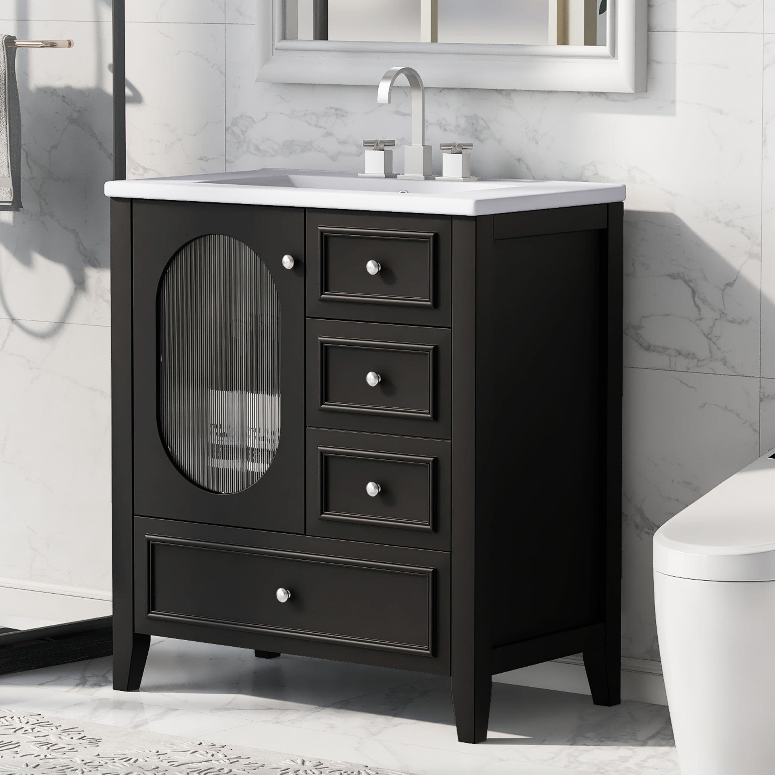 WELLFOR GIZQCS35P03 VZ 30-in Black Single sink Bathroom Vanity with White Ceramic Top