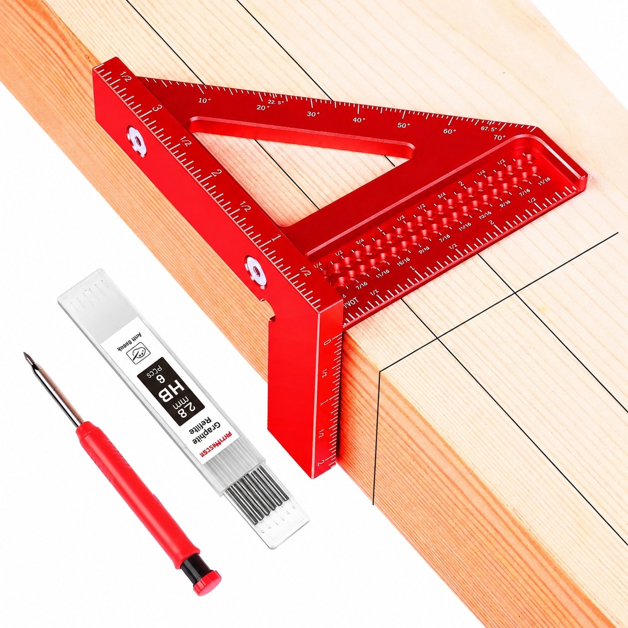 Linder Group Inc Mini 3D Multi Angle Measuring Square Ruler Aluminum Alloy Carpenter Square High Precision Woodworking Tool with Carpenter Pencil and 6 Refills #L3TS3LOP