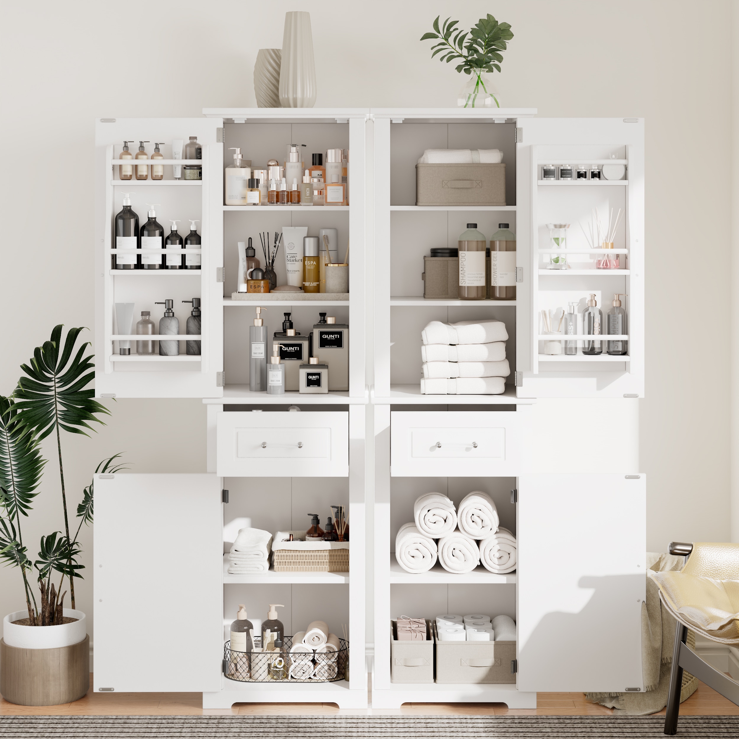 ModernLuxe L3P-N725S257456K Tall Bathroom Storage Cabinet Freestanding Storage Cabinet with Four Different Size Doors and Adjustable Shelf Door Shelve Design MDF Board with Painted Finish White