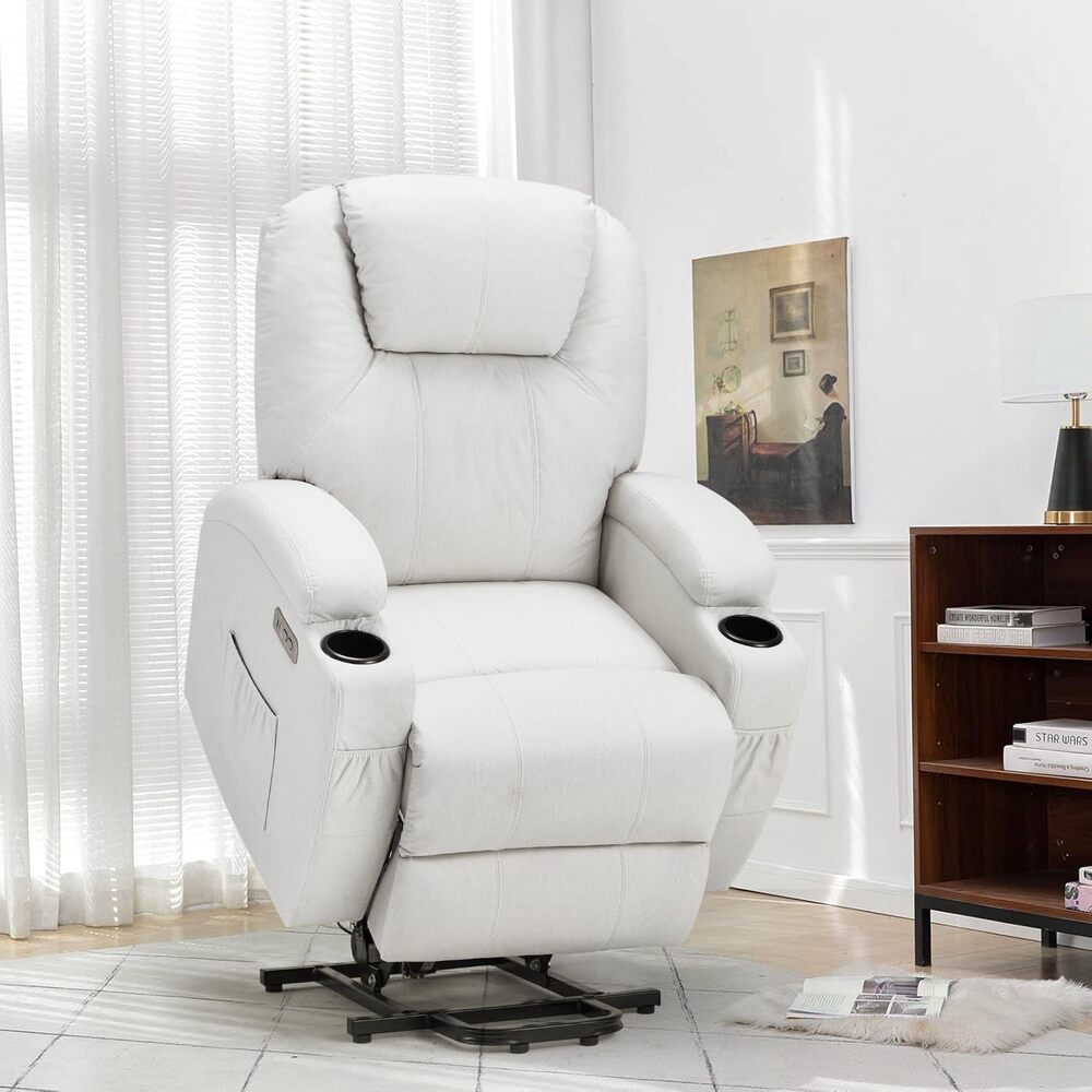 AECOJOY 13037BG-LS01 White Upholstered Powered Reclining Recliner with Lift Assistance