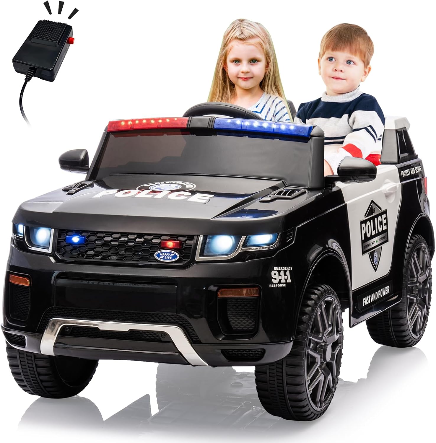 Qeetex KIDSPTO0ZHZK5T6 12V Kids Ride On Police Car With Sirens Flashing Lights Remote Control Usb Music Spring Suspension And Retractable Handle For Toddlers Black