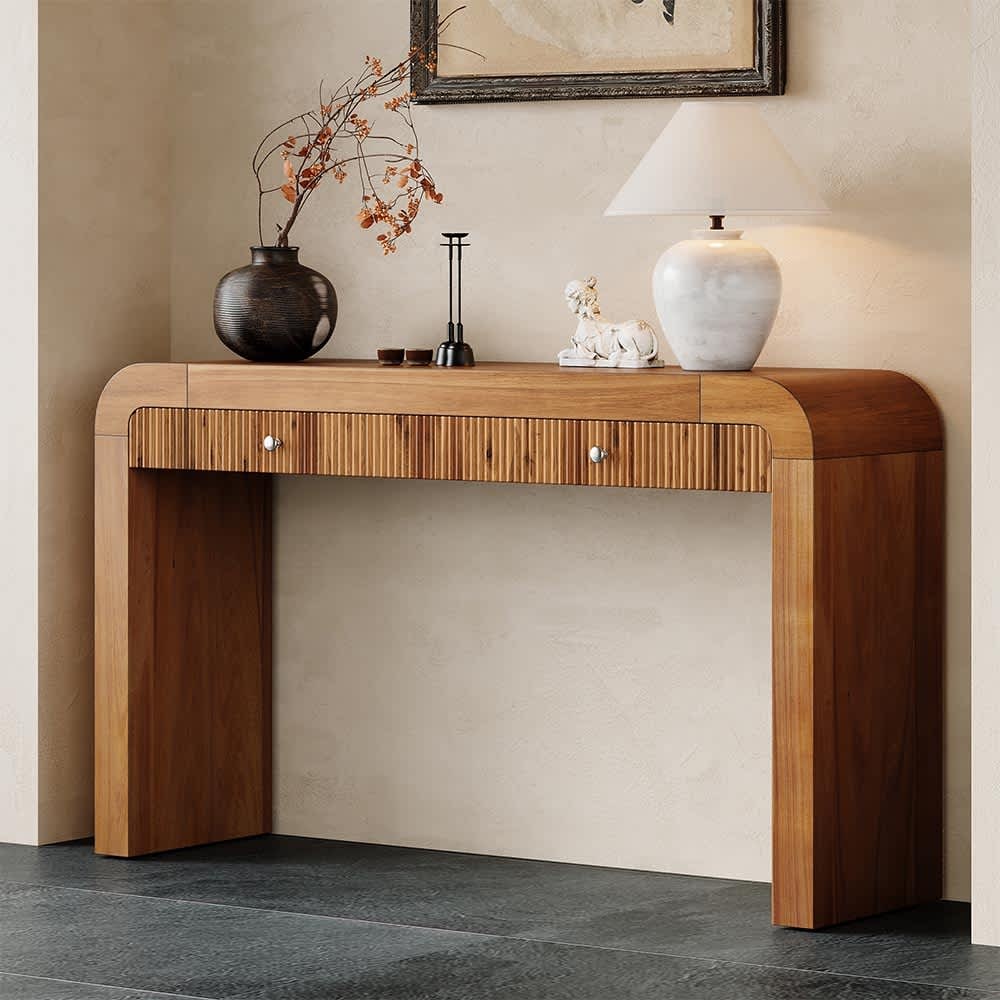 JUJABU CONSOLECABINET-3 Brown Rustic Console Table with Fluted Drawer Front Sturdy Sofa Table for Hallway and Living Room
