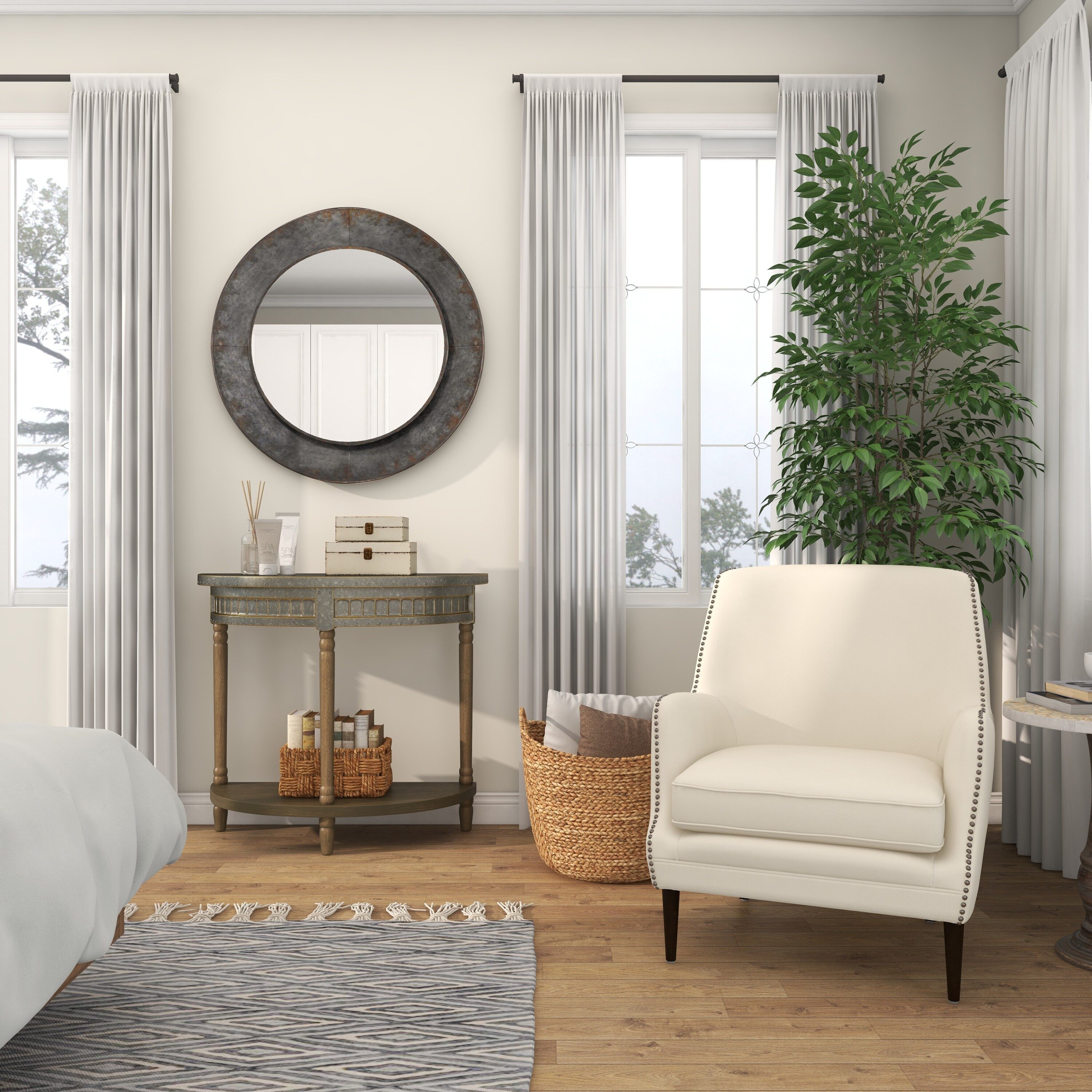 Beige and Gray Metal Wood Half Moon Console Table