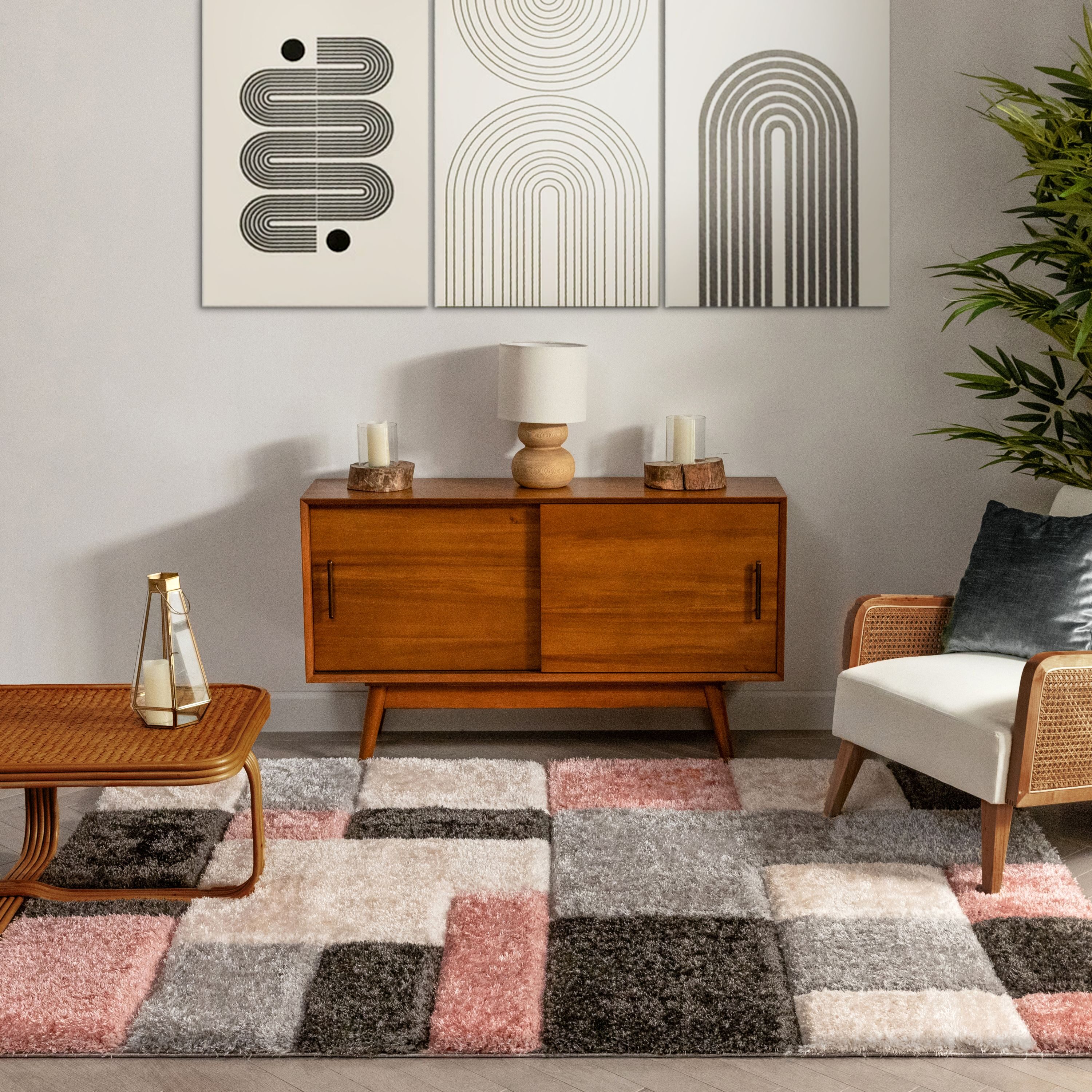 Blush and Gray Geometric Shag Area Rug 5' x 7'