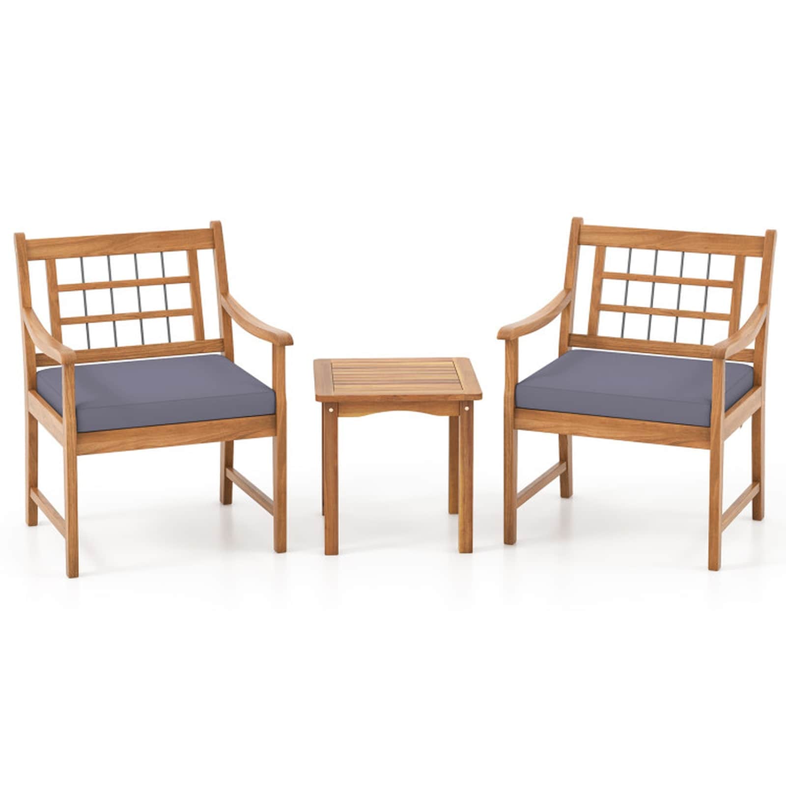 SUGIFT - 3-Piece Acacia Wood Patio Furniture Set Gray Elastic Cushions 2 Slatted Chairs and 18-in...