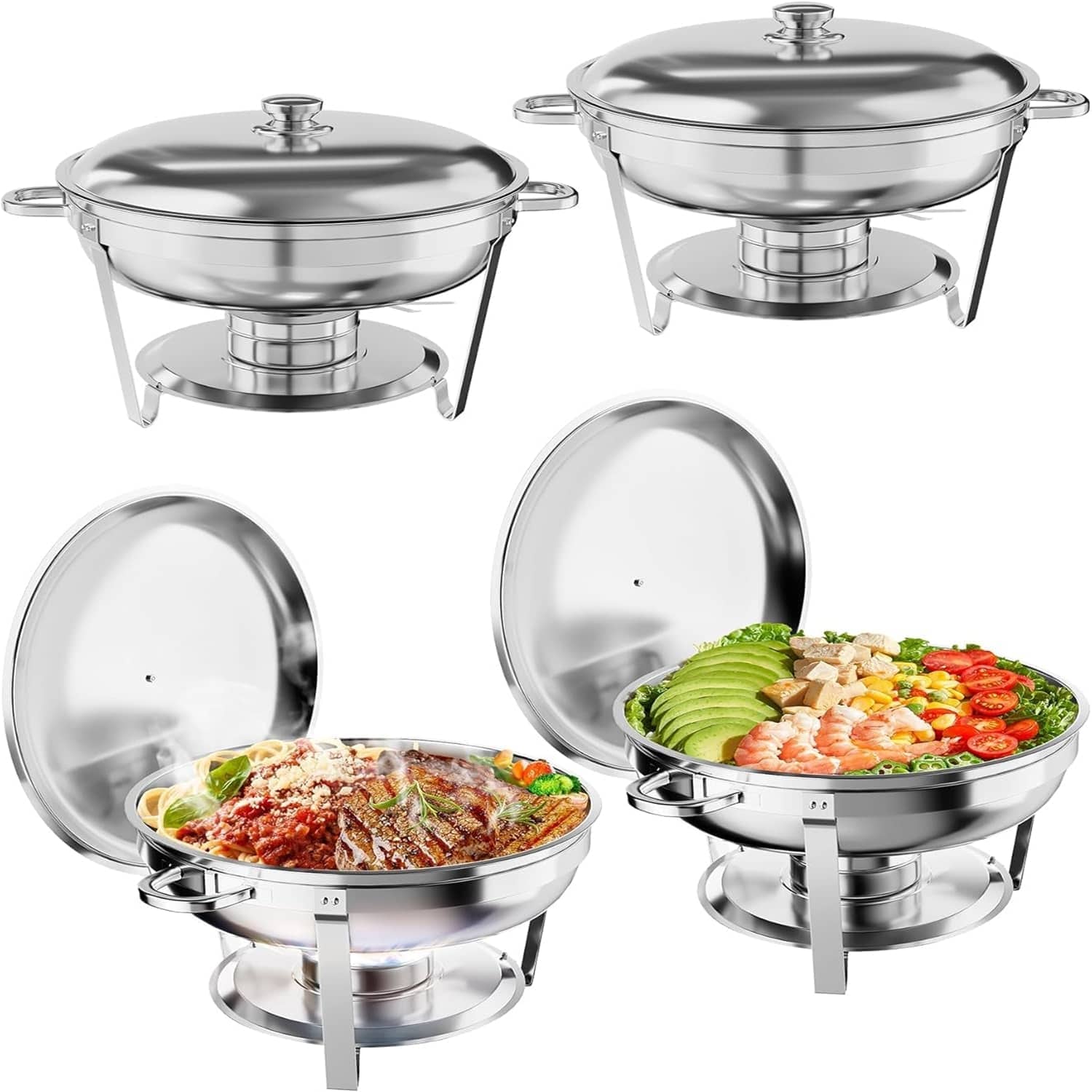 Qeetex HQSYTLYF0992 Stainless Steel Fondue and Food Warmer 5QT Round Fondue Buffet Set with Lid Stand Spoon and Tweezers (Silver 6-Pack)