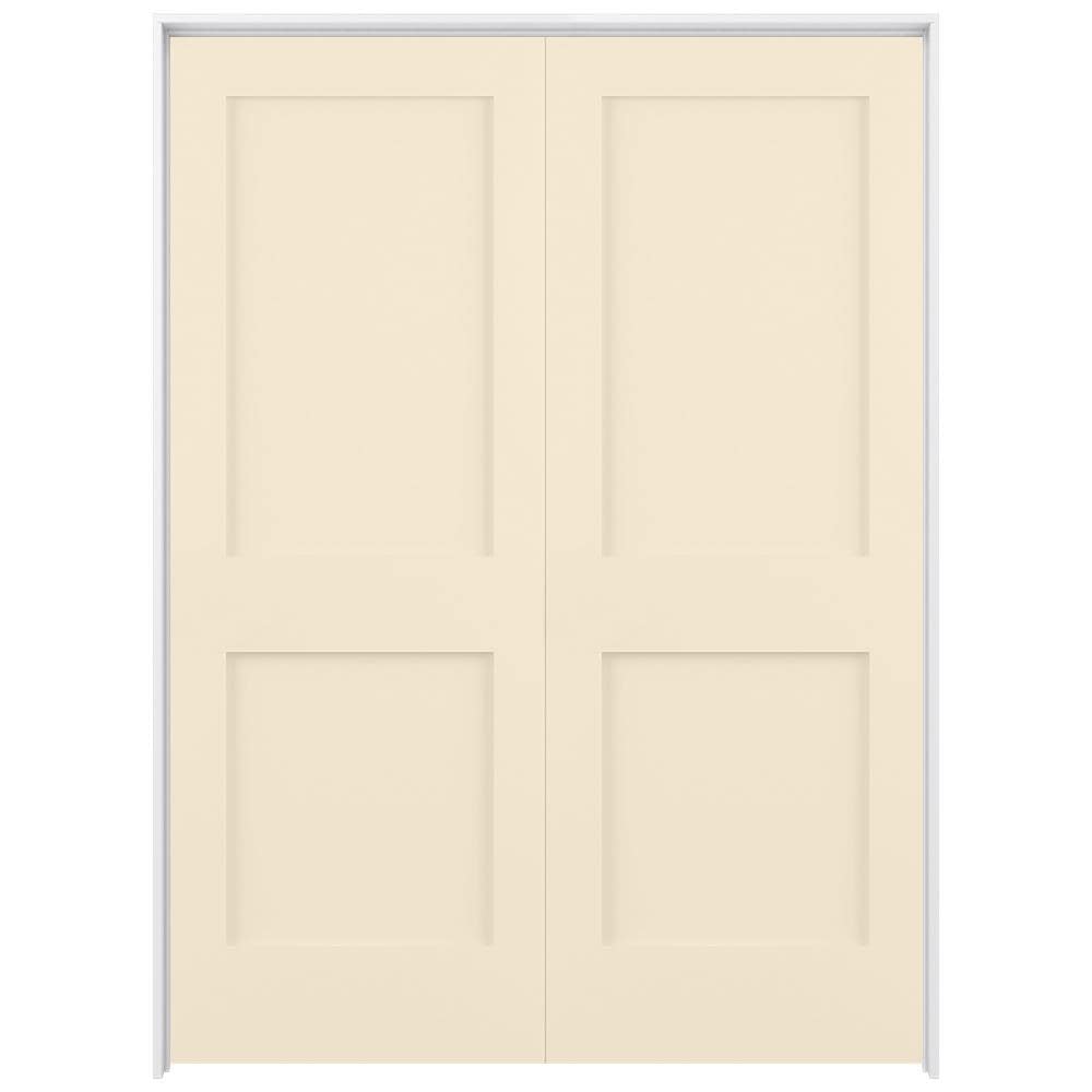 RELIABILT LO1369013 48-in x 80-in Cream-n-Sugar Solid core 2-panel square Reversible/Universal Smooth Prefinished Pine Wood Flat Jamb Double Prehung Interior Door
