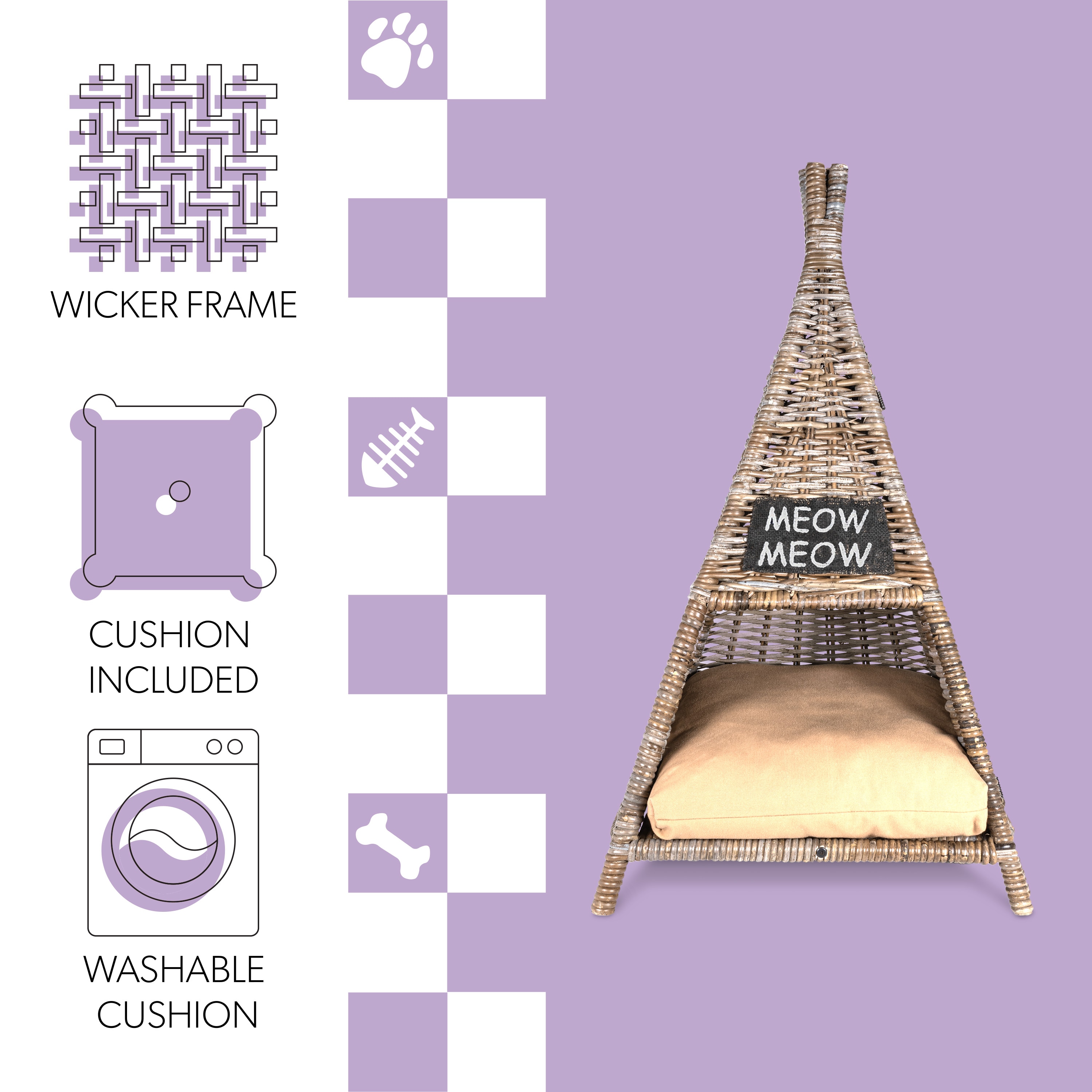 Small Kubu Gray Handwoven Rattan Triangle Cat Bed with Cushion
