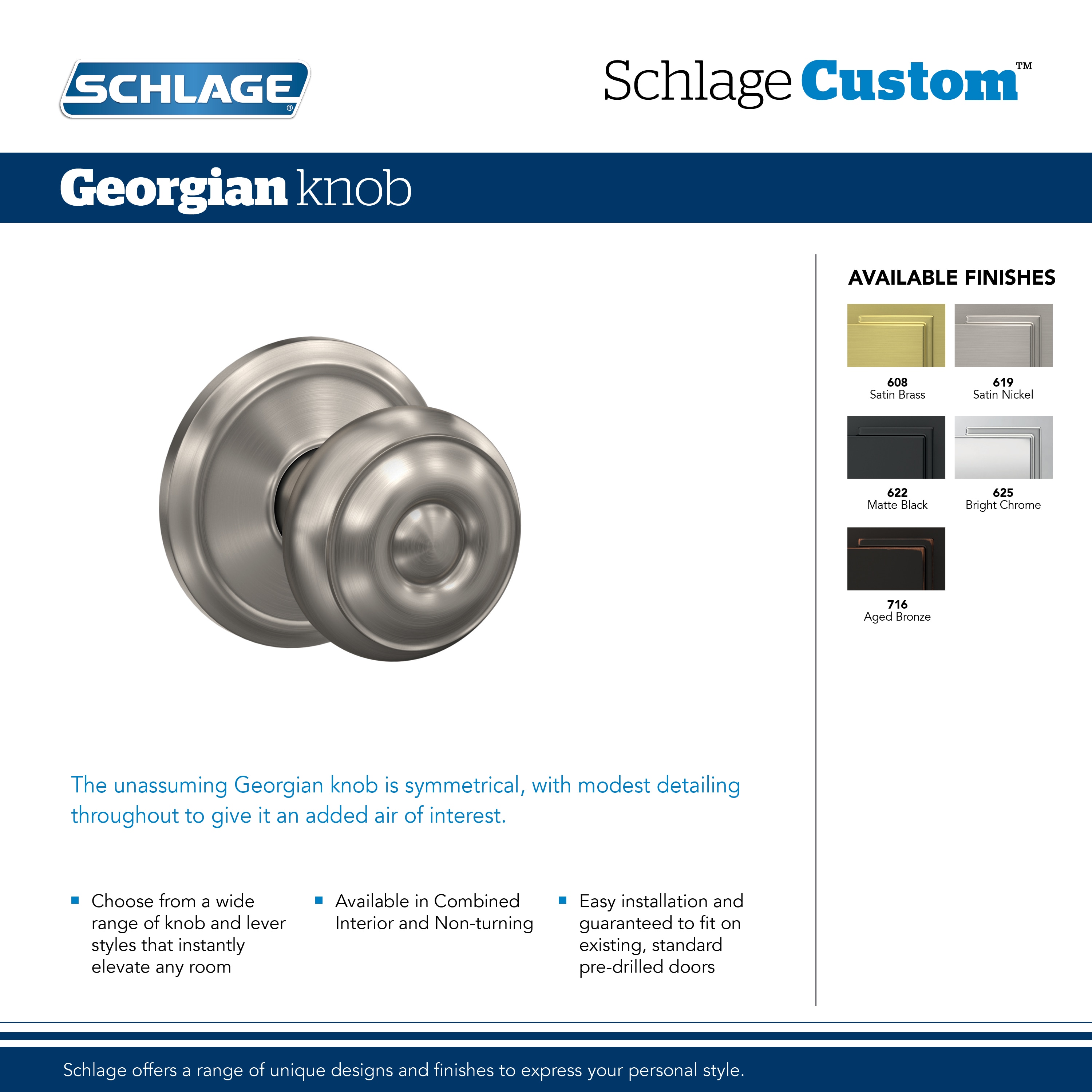 Schlage Custom Bowery- Century Polished Nickel Interior Bed/Bath