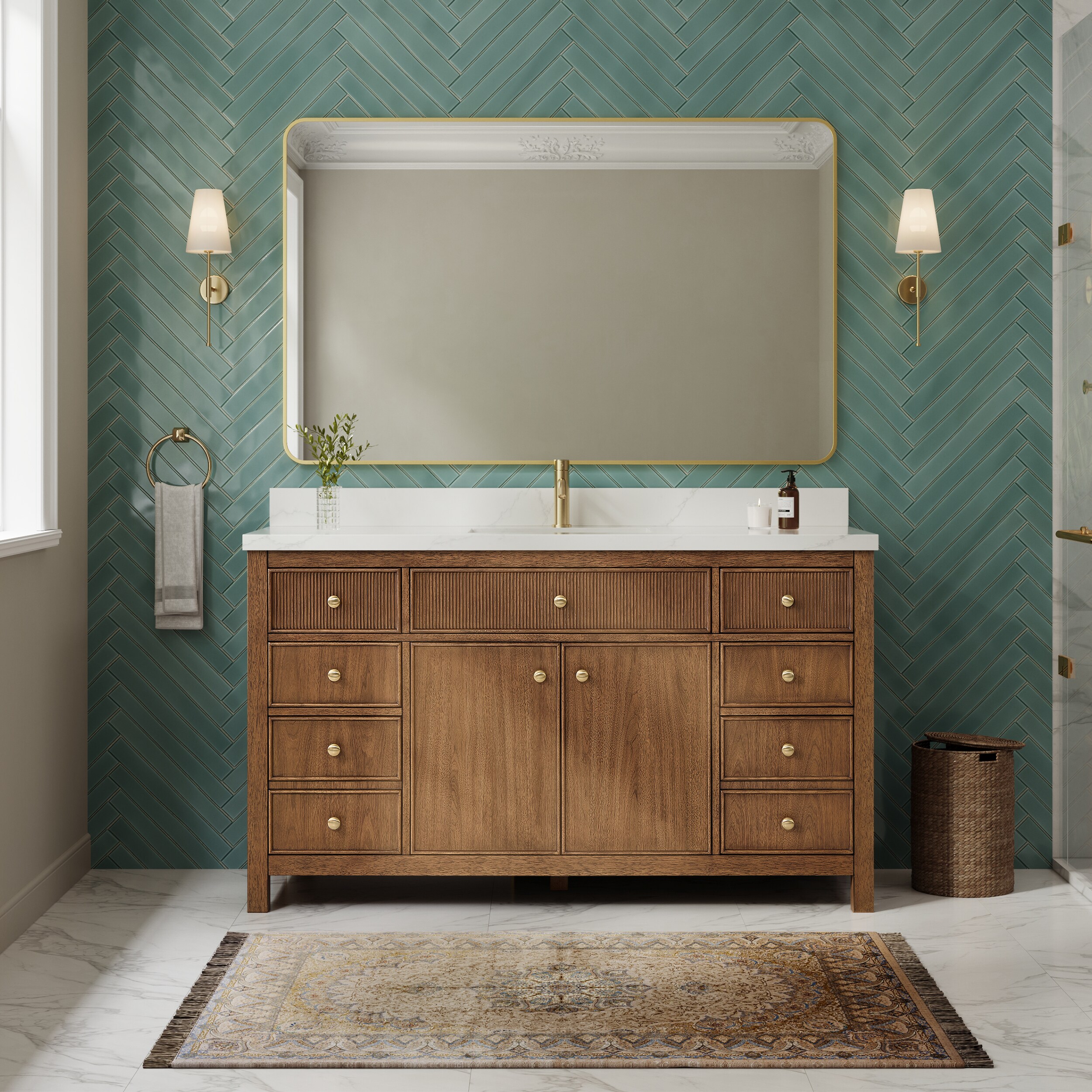 Wyndham Collection Rian 60 Inch Single Bathroom Vanity in Toasted Walnut, Giotto Quartz Countertop, Undermount Square Sink (1-Hole), Satin Bronze Trim