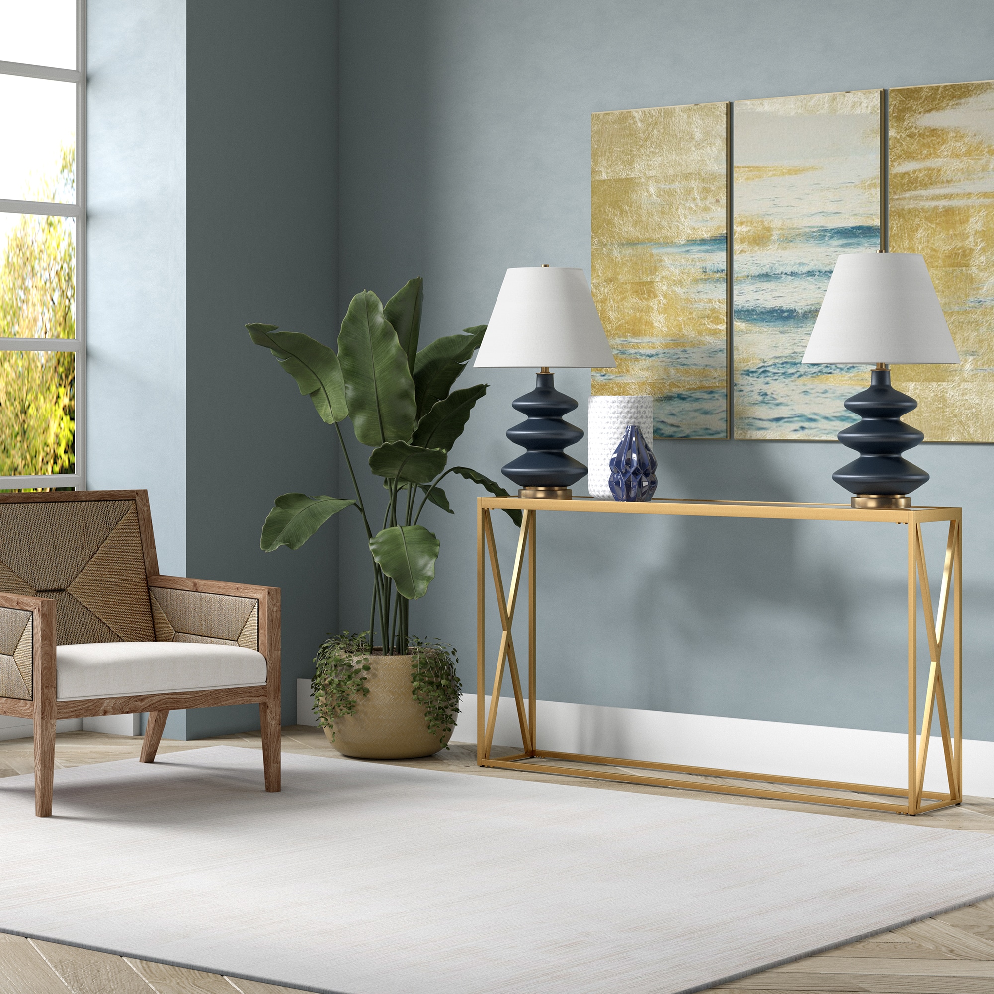 Modern Geometric 55" Brass Console Table with Tempered Glass Top