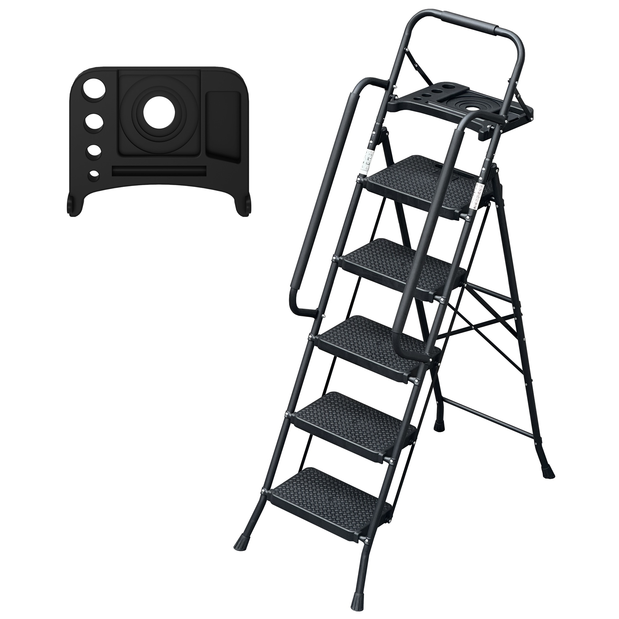HyperDrop Cart 5 Step Folding Step Ladder With Handrails And Tool Platform 330 lbs Load Capacity Steel Frame Non Slip Wide Pedal For Home And Kitchen