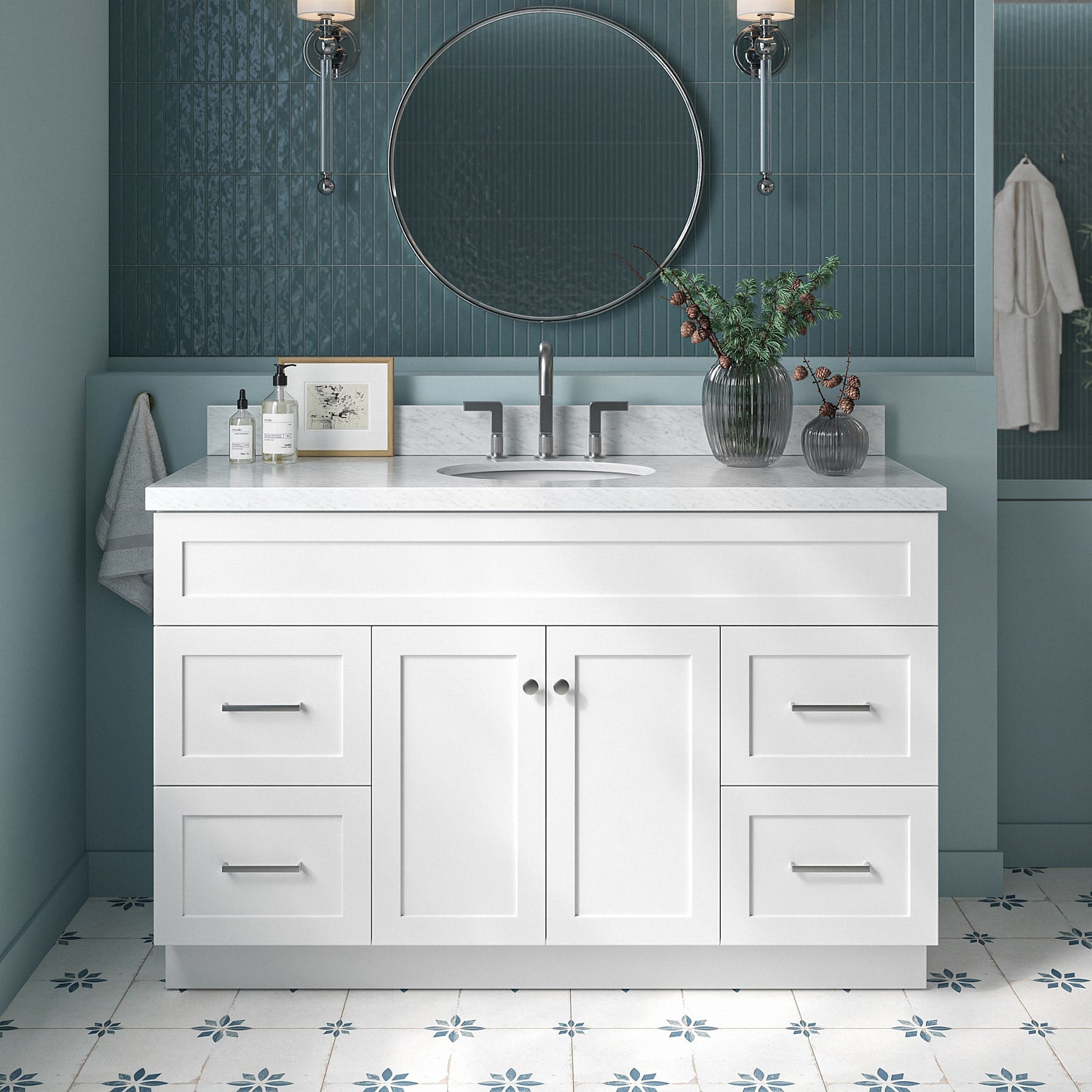 ARIEL F055SCWOVOWHT Hamlet 54-in White Undermount Single sink Bathroom Vanity with Carrara White Marble Marble Top