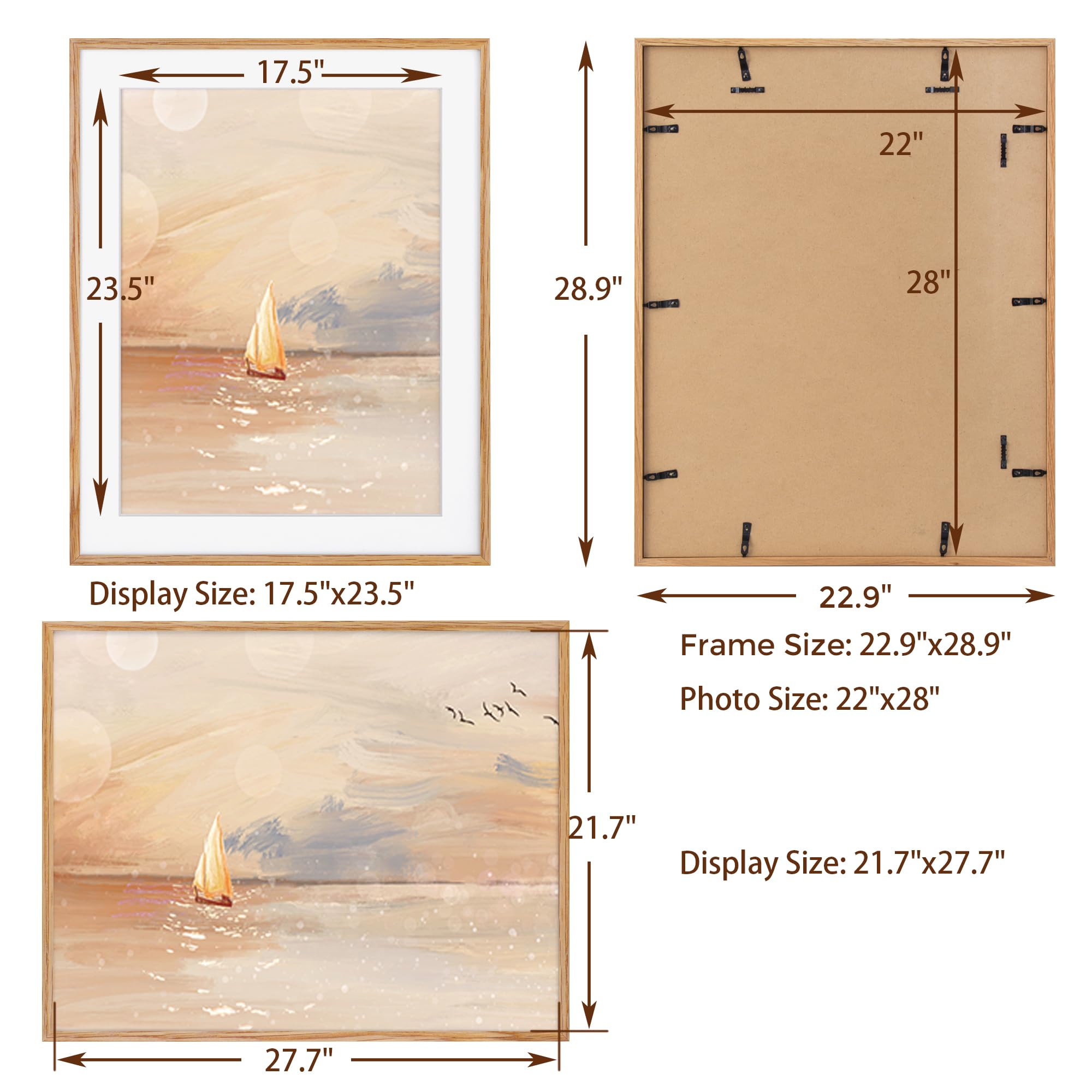 IUEST 22 by 28 Picture Frame Solid Oak Wood with Tempered Glass Natural ...