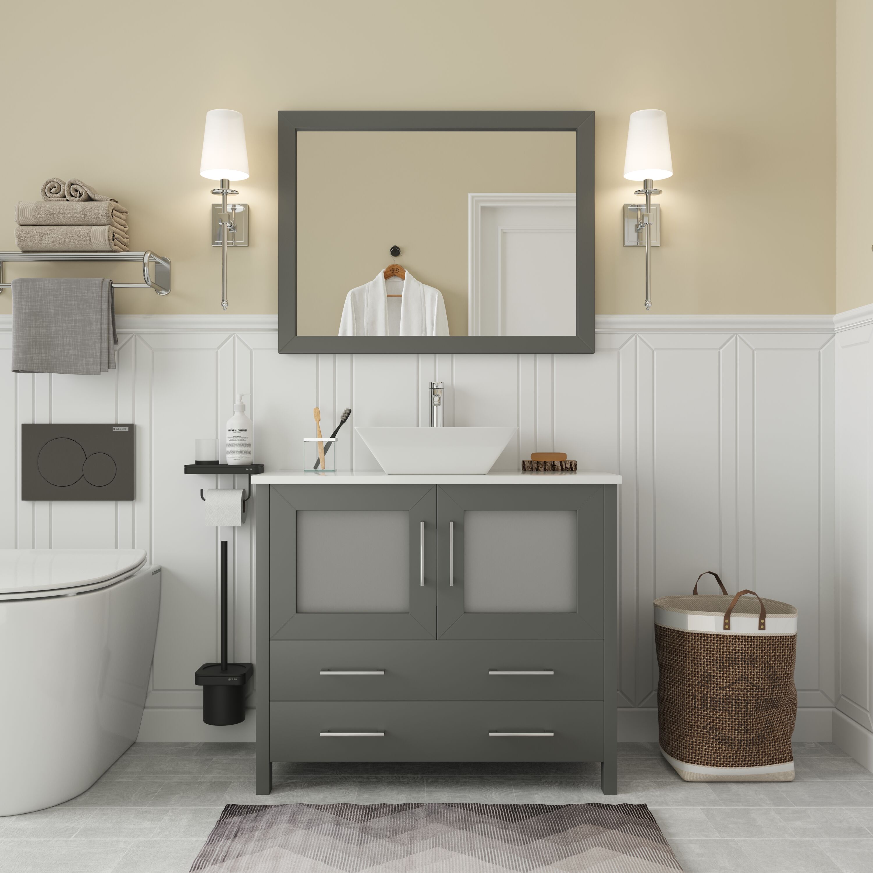 Vanity Art VA3136-G Ravenna 36-in Grey Single sink Bathroom Vanity with White Engineered marble Top (Mirror Included)