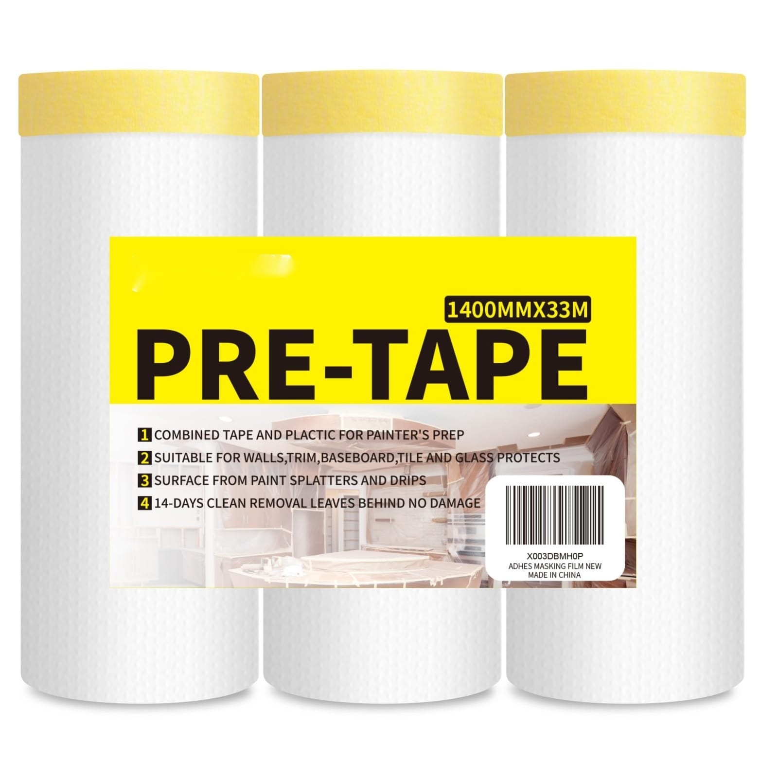 DYRCJ  Adhes Pre Taped Masking Film with Adhesive Edge 55 inch by 108 feet 3 Rolls No Residue Masking Tape for Painting Automotive and DIY