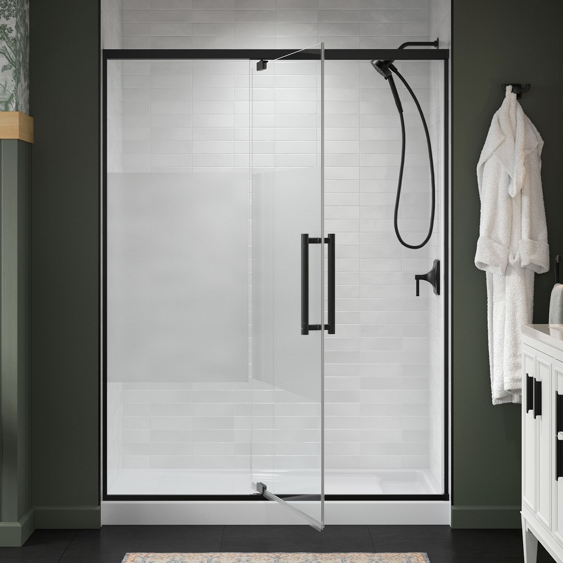 KOHLER 702477-8G81-BL Premise Matte Black 55-5/8-in to 59-5/8-in W x 76.06-in H Frameless Pivot Soft Close Shower Door 5/16-in Thick Clear Glass