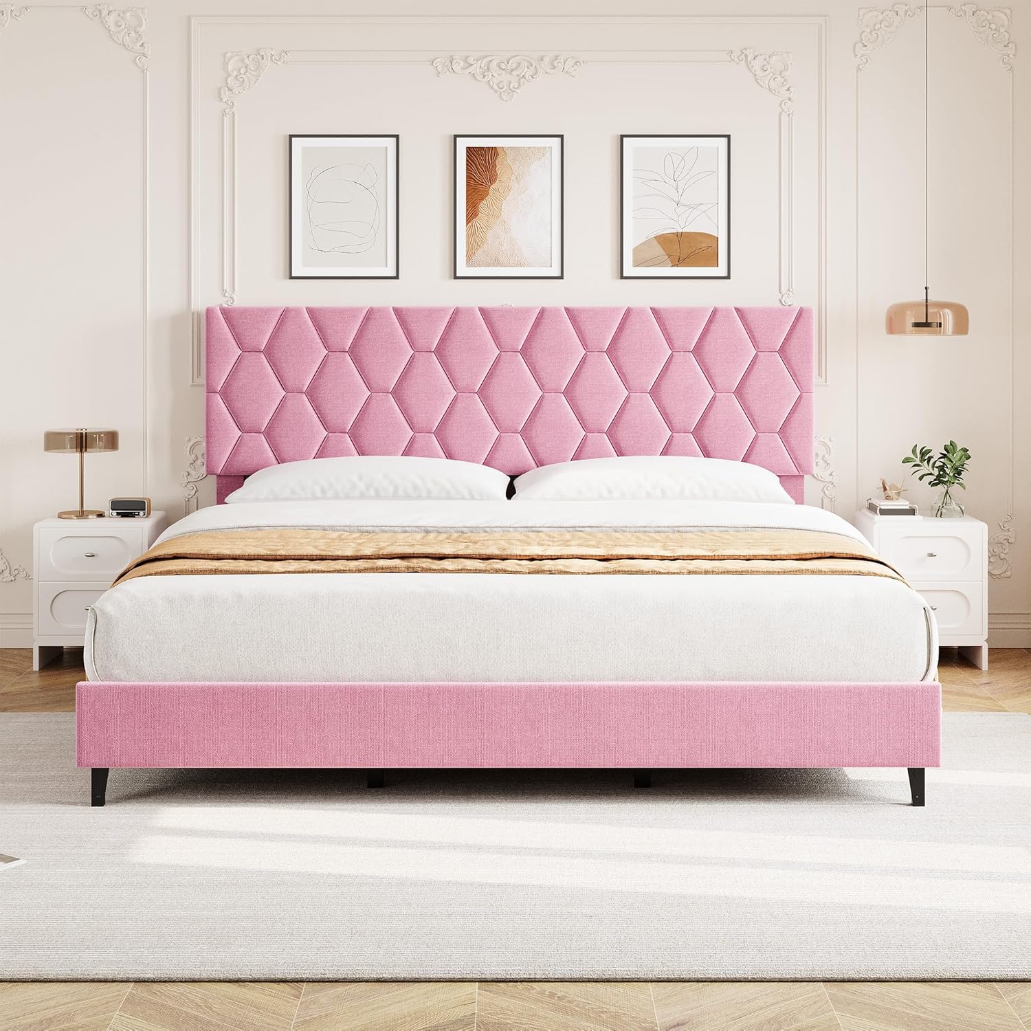 Garvee King Size Pink Heavy Duty Upholstered Platform Bed Frame With Headboard Strong Wood Slats Noise Free Easy Assembly No Box Spring Needed