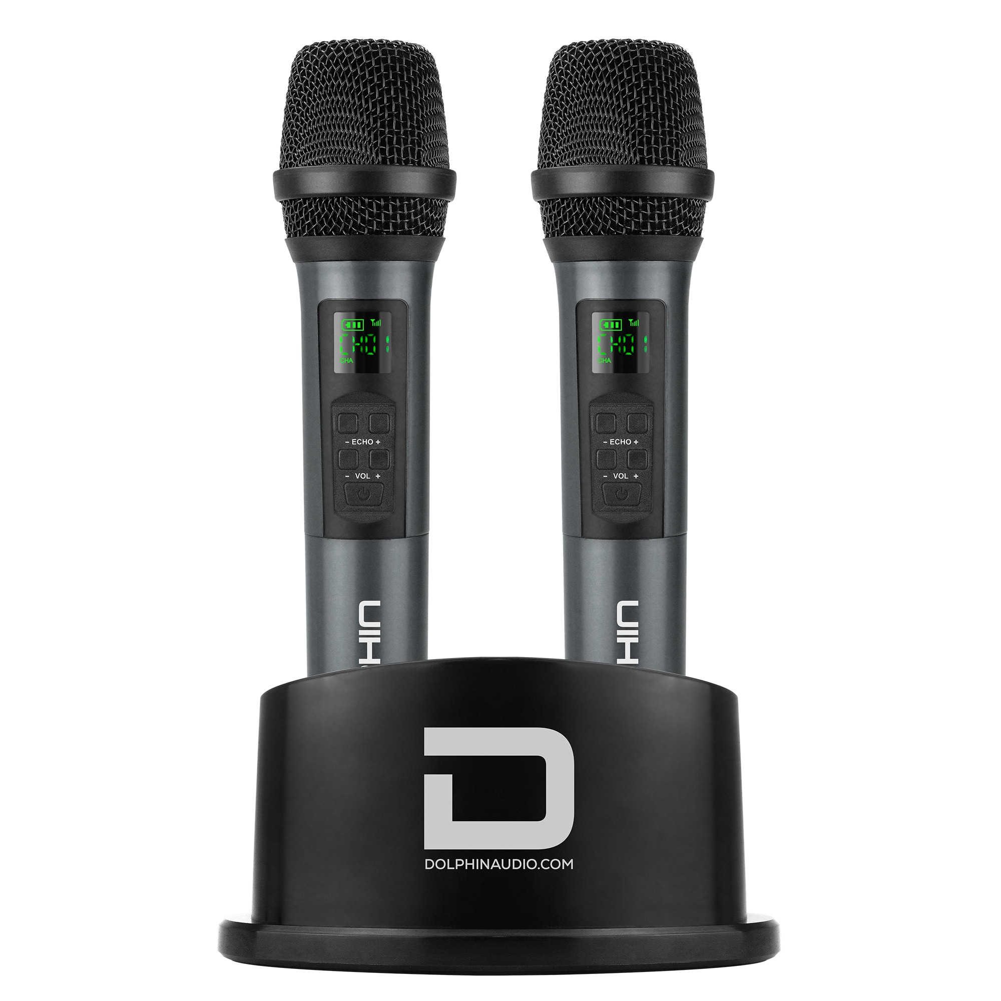 Dolphin Audio MCX-852 1-Channel 2.4-GHz Wireless Mic System 2 Handheld Dynamic Cardioid Mics up to 55-Yard Range Charging Base 1/4-In. Receiver