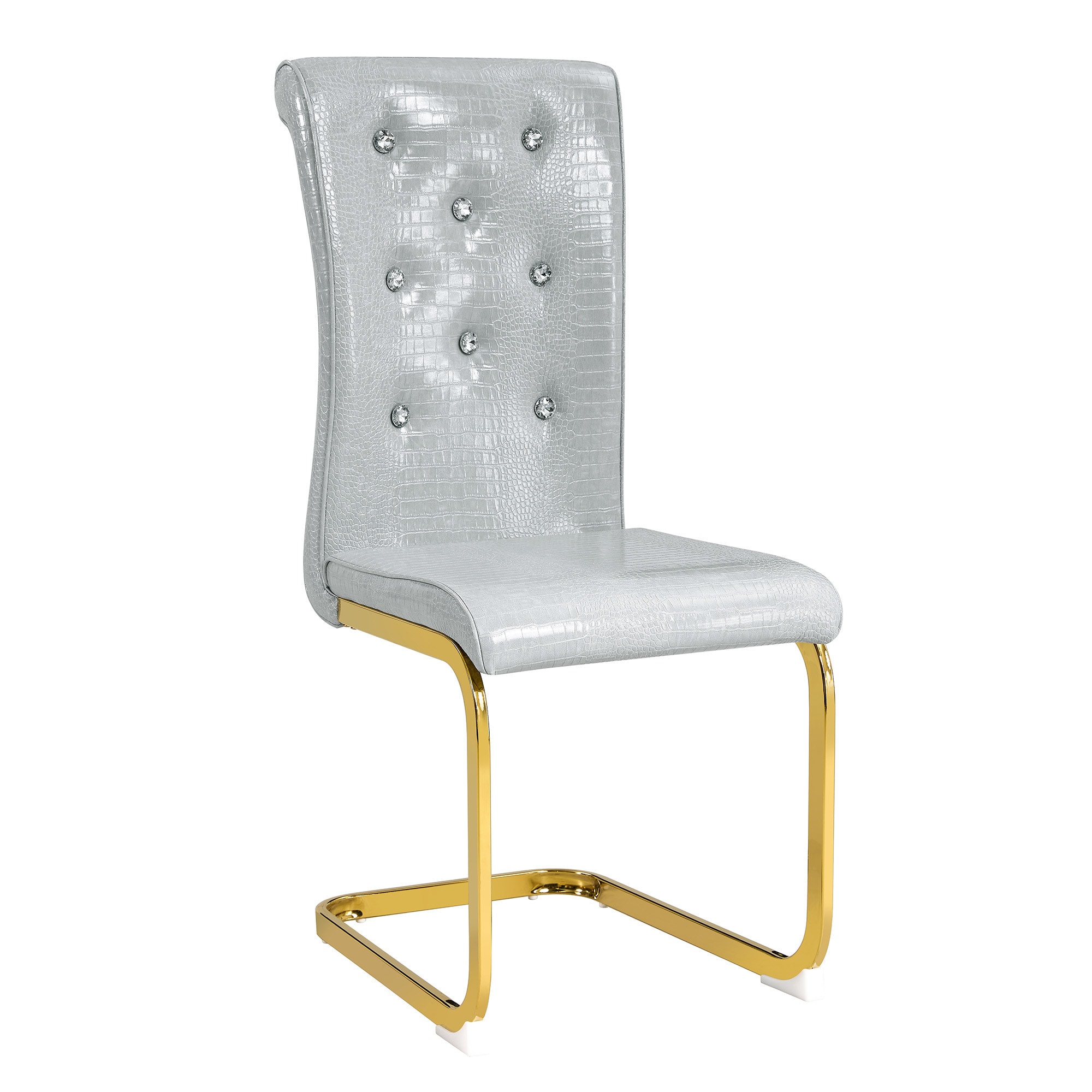 REIBII Set of 2 Gray Retro Alligator Skin Upholstered Dining Chairs with Crystal Buckle Design and Electroplated Gold Bow Legs