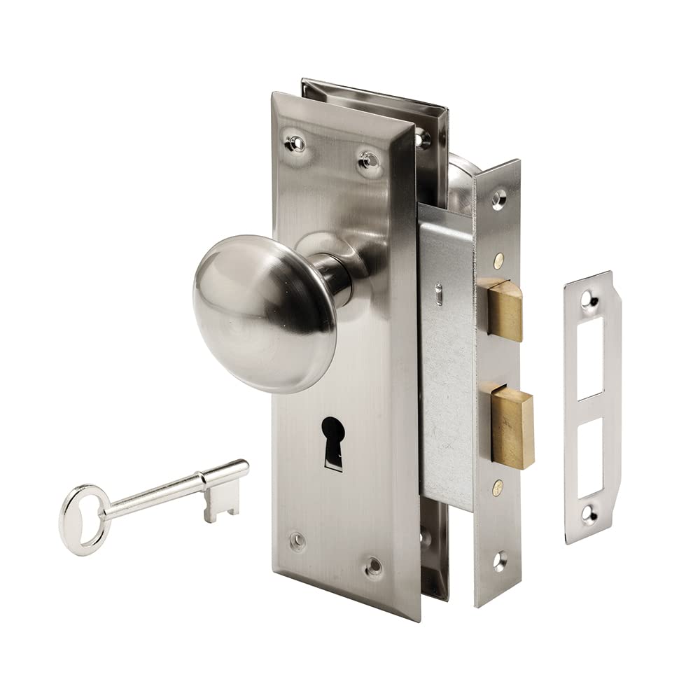 Prime-Line  E 2330 Mortise Keyed Lock Set with Satin Nickel Knob Perfect for Replacing Broken Antique Lock Sets and More Fits 1-3/8 In.-1-3/4 In. Interior Doors Satin Nickel (Single Pack)