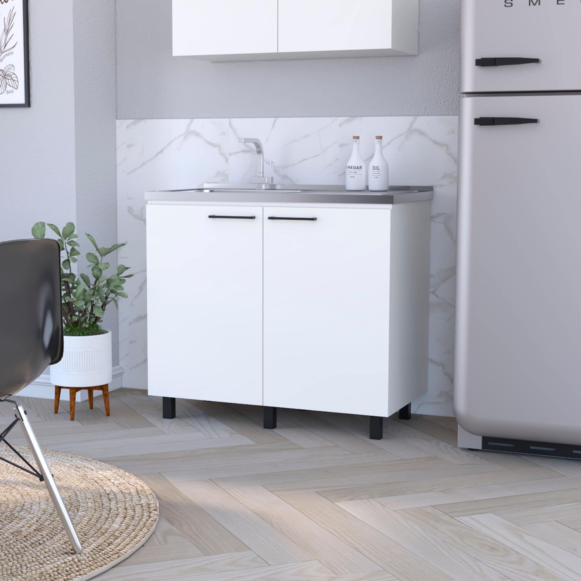 HyperDrop Cart White Freestanding Utility Sink Cabinet with Aluminum Countertop/ Double Doors/ Internal Shelf and Stylish Legs/ Kitchen Base Unit - Faucet Not Included