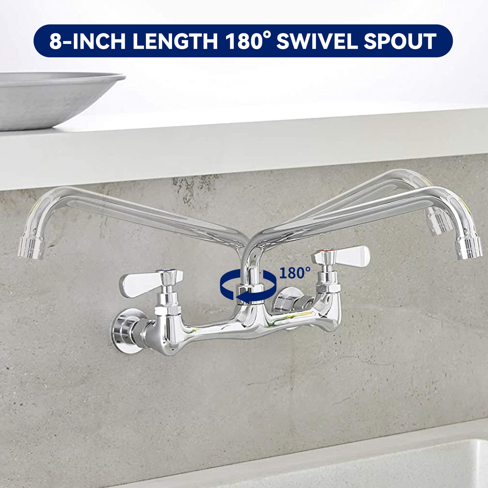 Polished Chrome Double Handle Wall Mount Kitchen Faucet with 12 Inch Swivel Spout