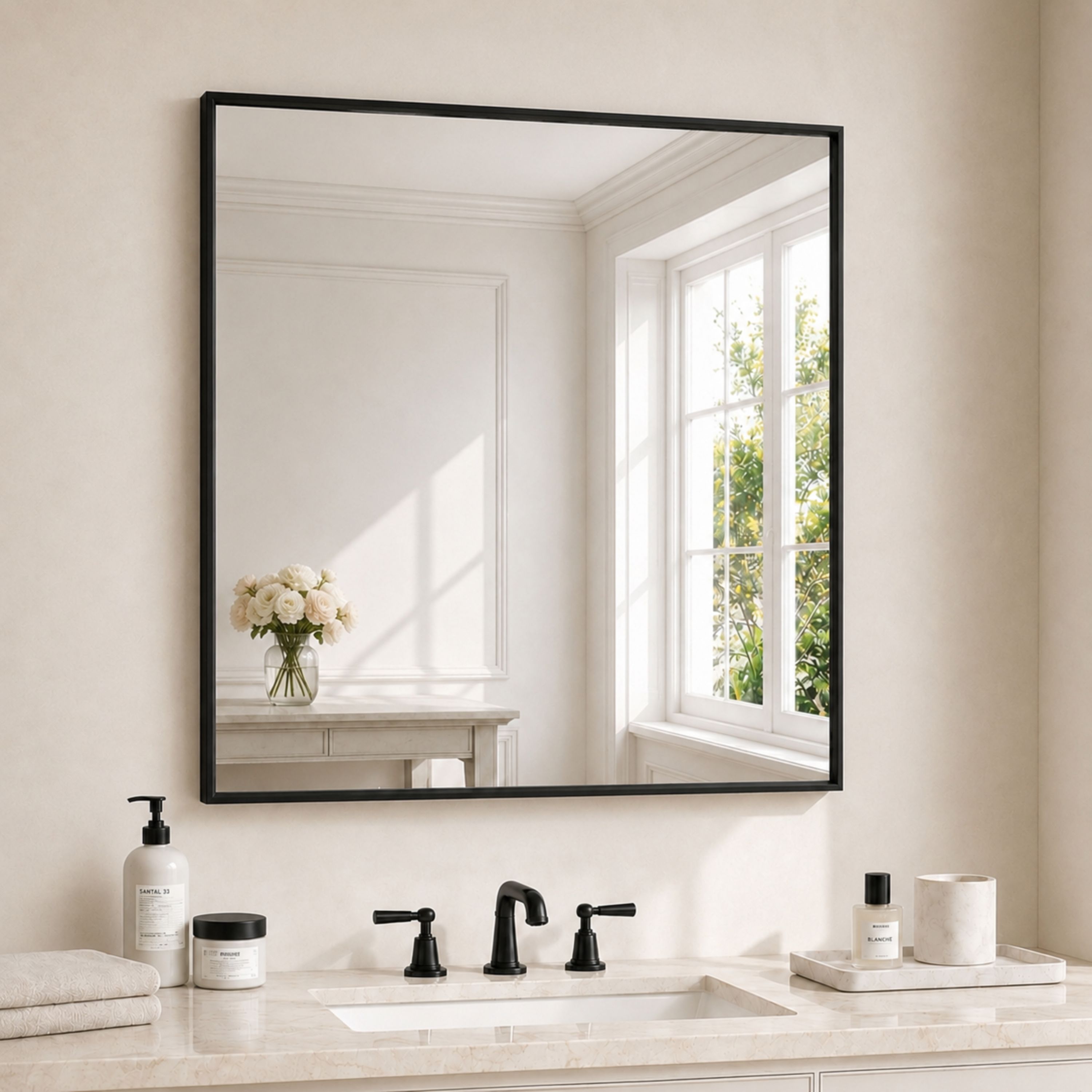 Velusian 36 in. W x 36 in. H Square Aluminum Alloy Framed and Tempered Glass Wall Bathroom Vanity Mirror in Matte Black