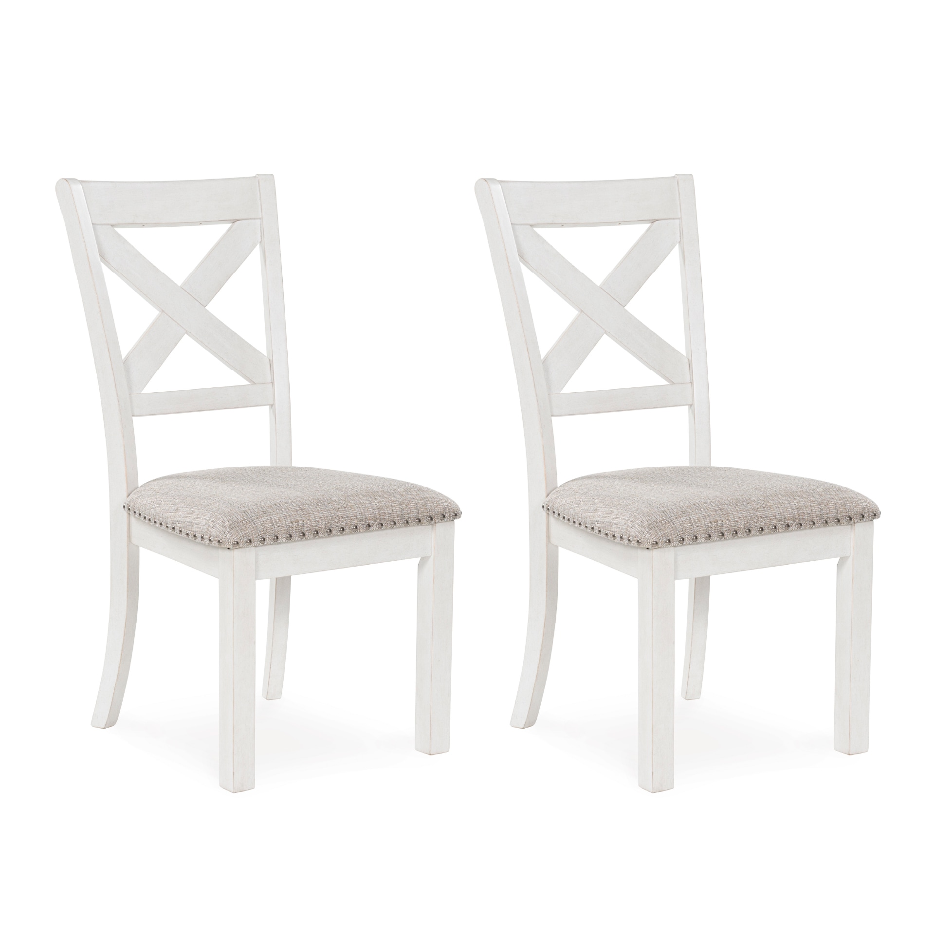 Signature Design by Ashley Robbinsdale Antique White X-Back Dining Chair with Light Gray Upholstery and Nailhead Trim