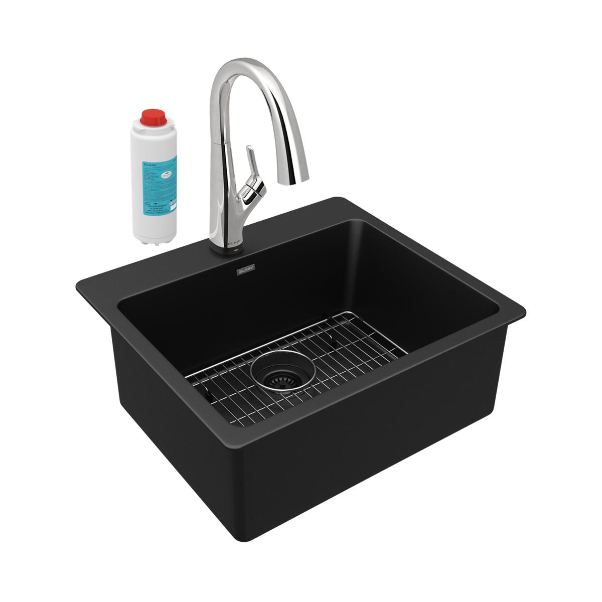 Elkay ELG2522BK0FLC Drop-in 25-Inches x 22-Inches Quartz Single bowl 5-Hole Kitchen Sink All-in-One Kit