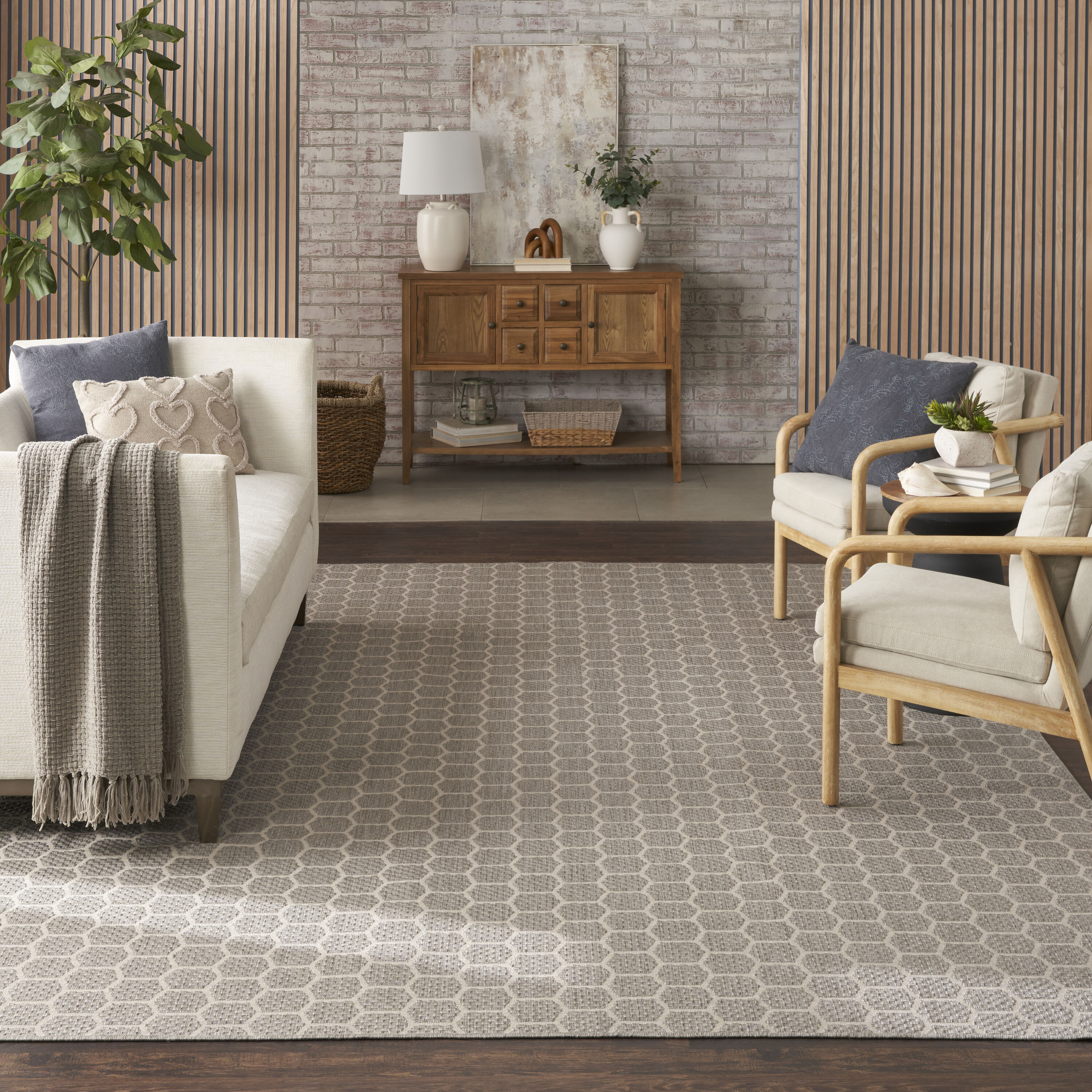 Nourison Home 099446974310 Reversible Indoor Outdoor 9 x 12 (ft) Polyester/Polypropylene Grey Rectangular Indoor/Outdoor Geometric Area rug