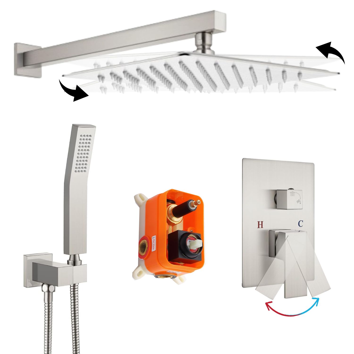waterpar WPLO-SH11 Brushed Nickel 10-Inches Dual Head Built-In Shower Faucet System with ( Ceramic Disc Valve Included )