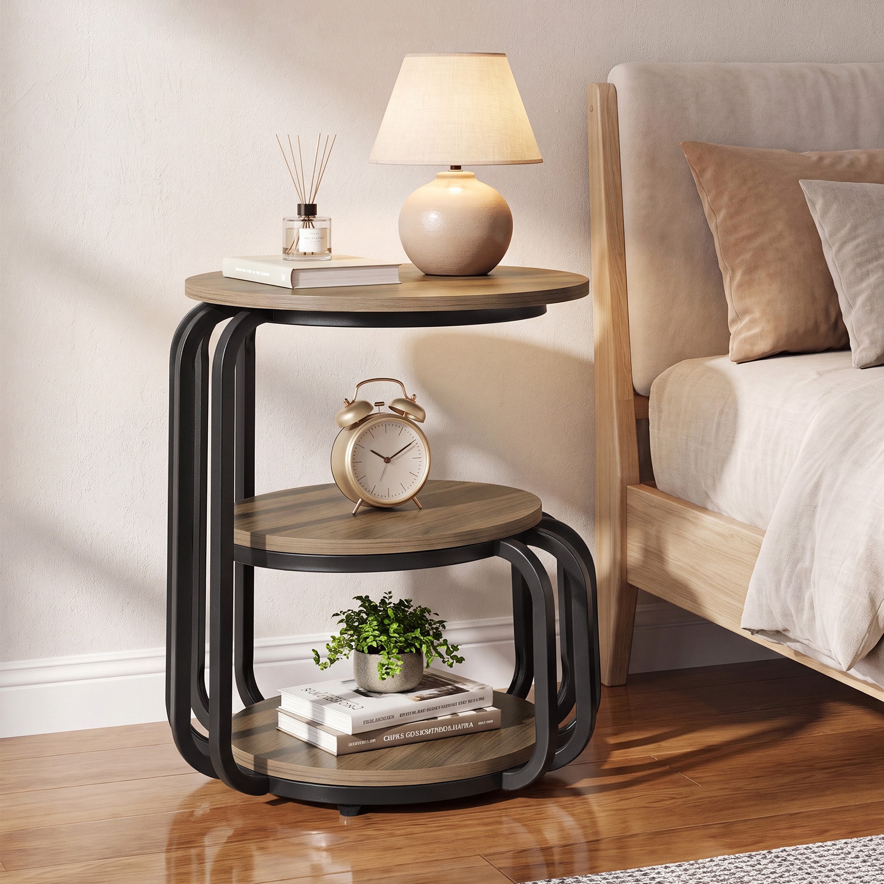 LITTLE TREE - 19.69 Inch W Industrial Vintage Round Wood Nightstand with 3 Tier Open Storage Blac...