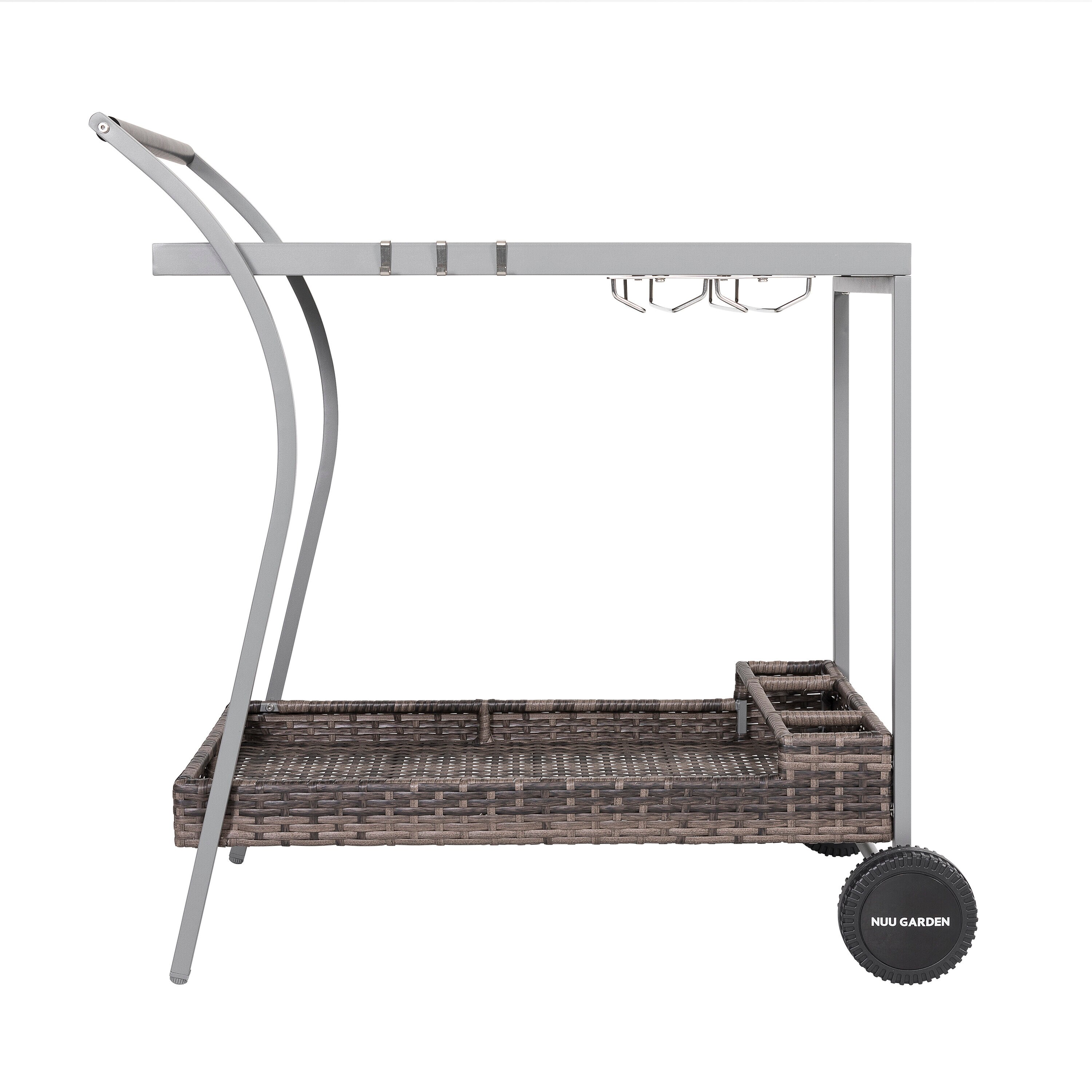 Dextrus Natural Wicker Patio Outdoor Grey Bar Cart with Ice Bucket Tempered Water-Textured Glass Shelf and Wheels