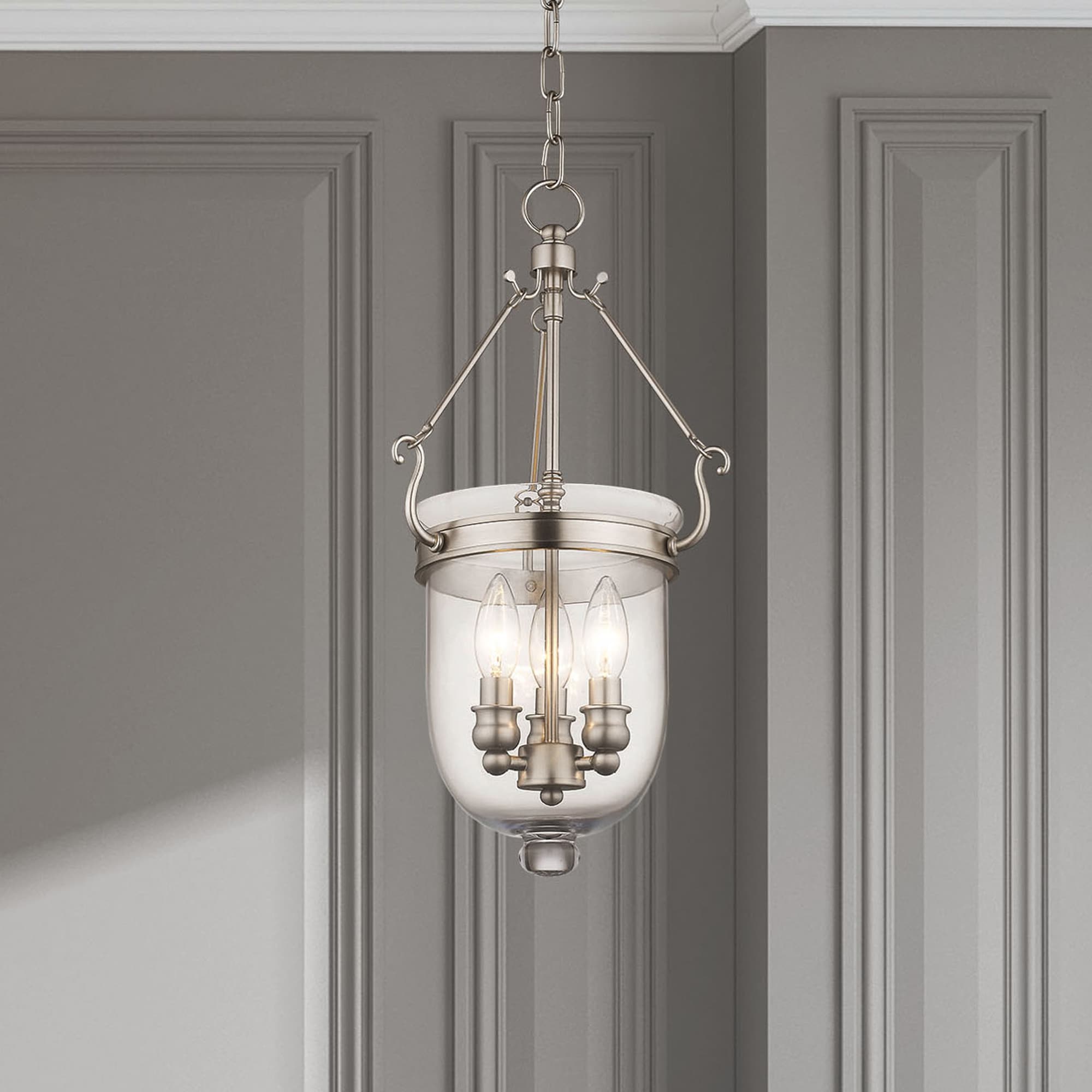 Elegant Brushed Nickel 3-Light Indoor/Outdoor Glass Jar Chandelier