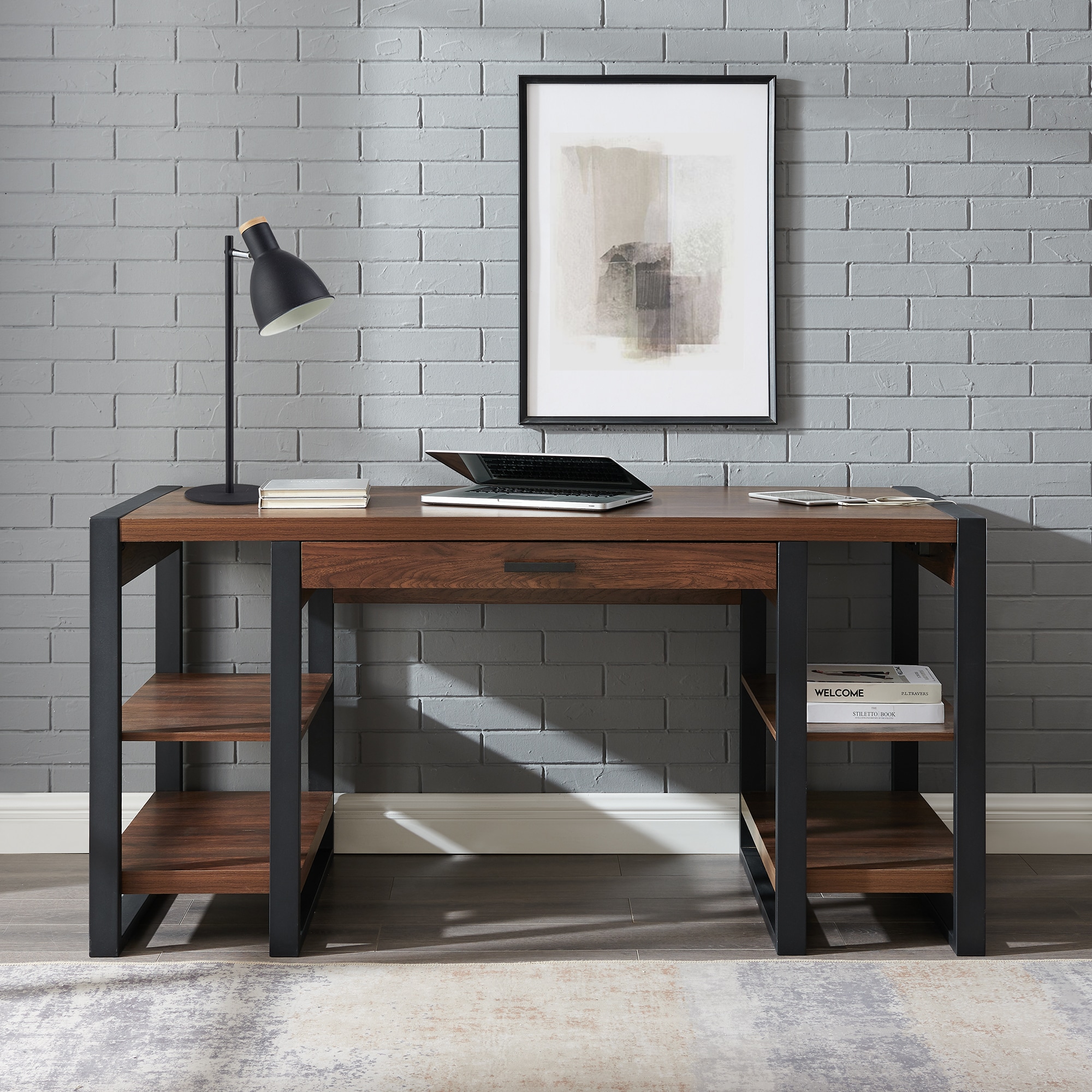 Walker Edison - 4-Drawer Armoire Computer Desk with Hutch - Dark Walnut