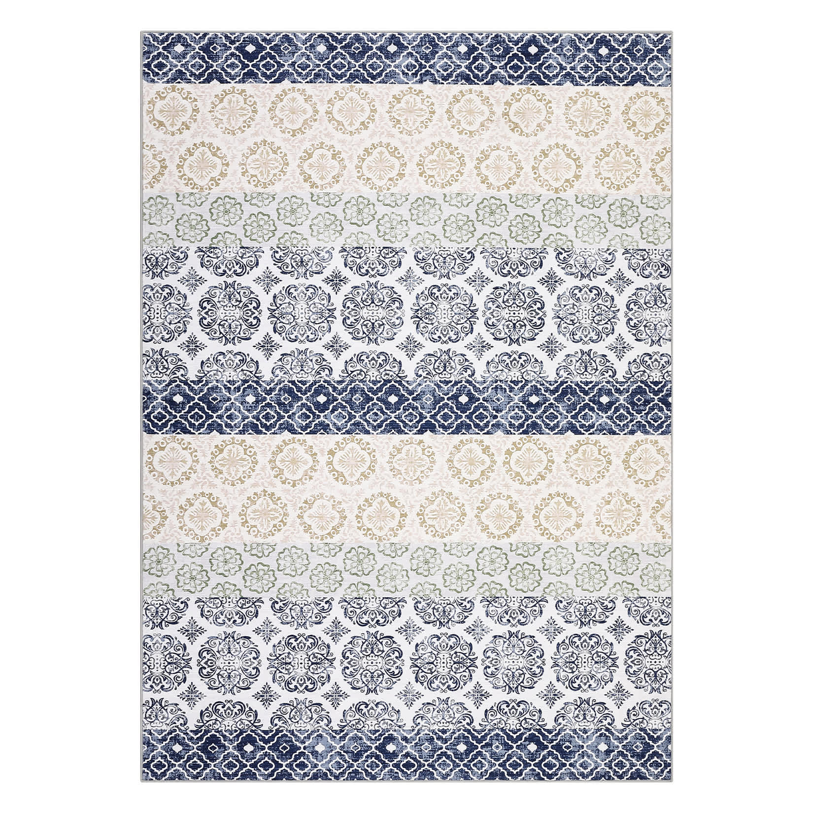 Qeetex LSN-PHK-343NJP8X 9 x 12 ft Polyester Pearl Velvet Blue Rectangular Hallway Bathroom Entryway Kitchen Office Foldable Flower Printed Bohemian Washable Area Rug