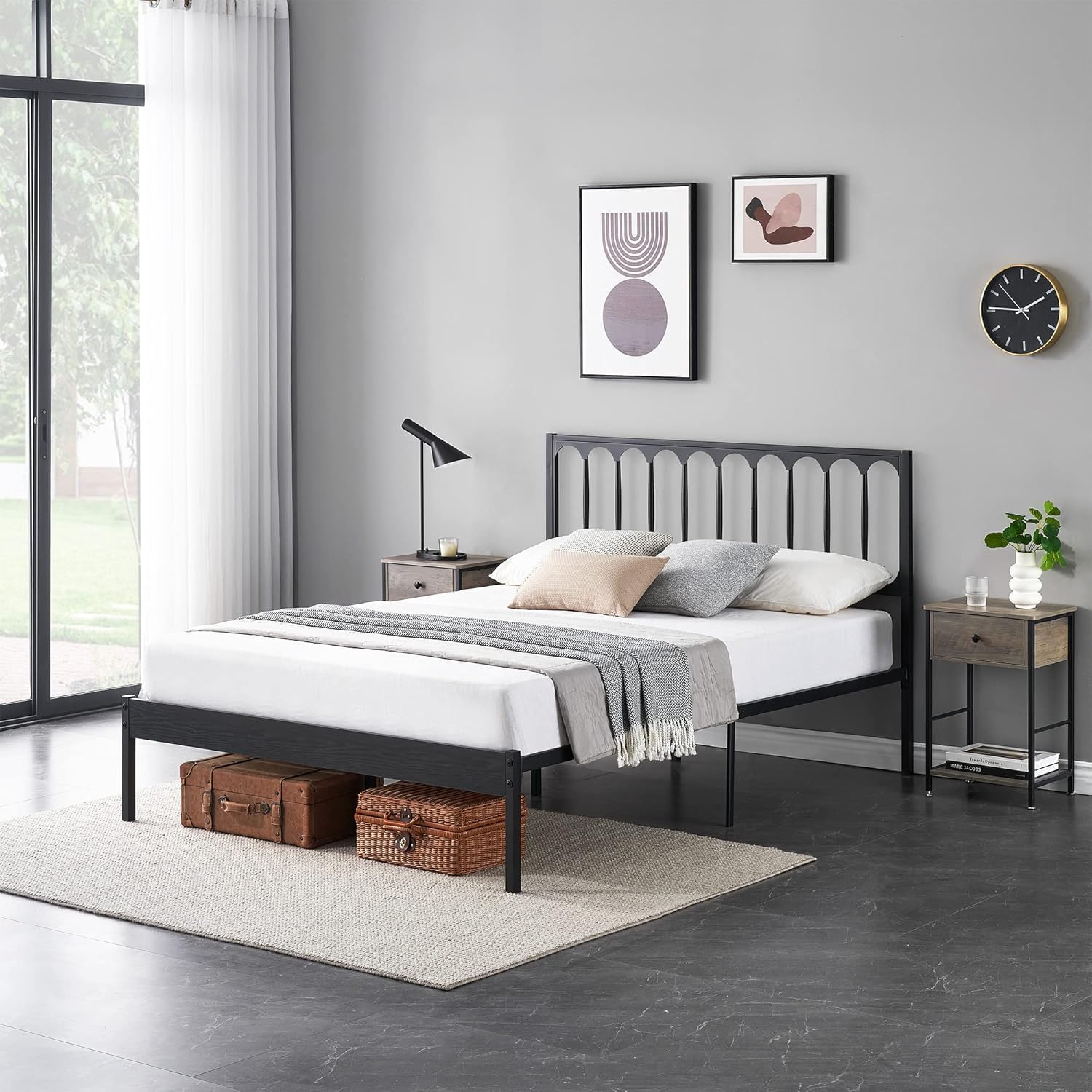 Qeetex LHF-BED-PHO-0XSZJ13B Queen Size Bed Frame Metal Platform Mattress Foundation with Headboard Heavy Duty Steel Slats Support Under Bed Storage Space No Box Spring Needed Easy Assembly Black
