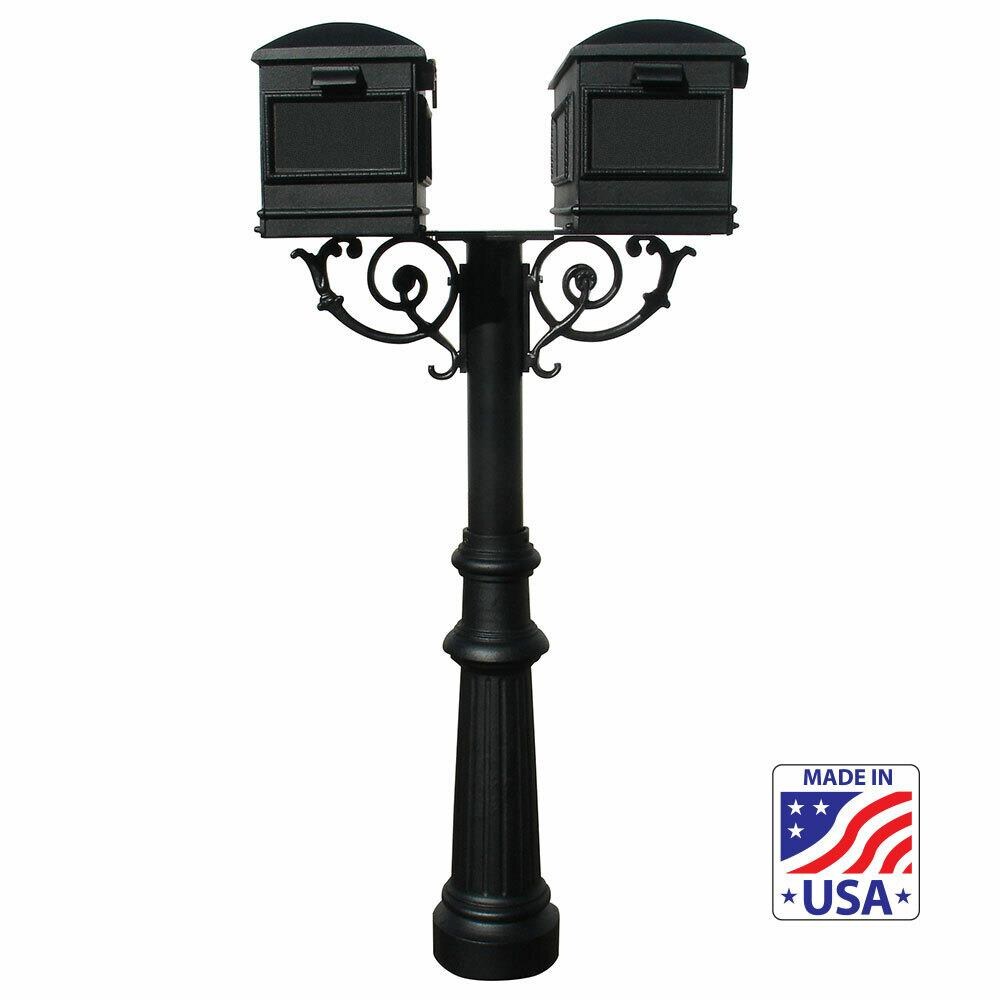 QualArc QUAL1737  HPWS2-US-800-LM 6 in. The Hanford TWIN Mailbox Post System with Scroll Supports- Black
