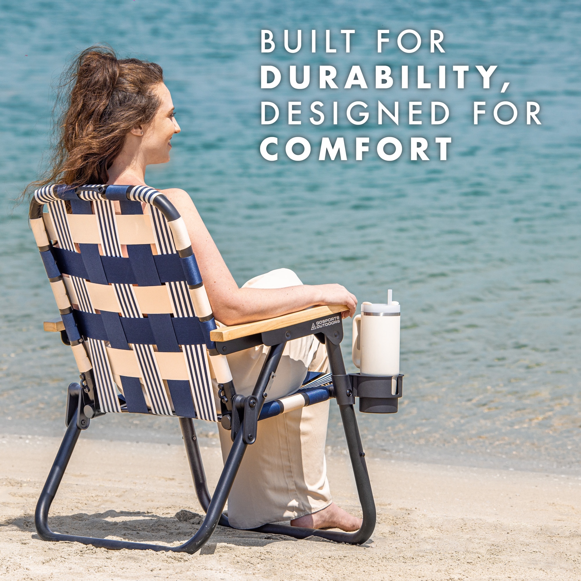 Lido Blue and White Woven Folding Beach Camping Chair with Hardwood Arms