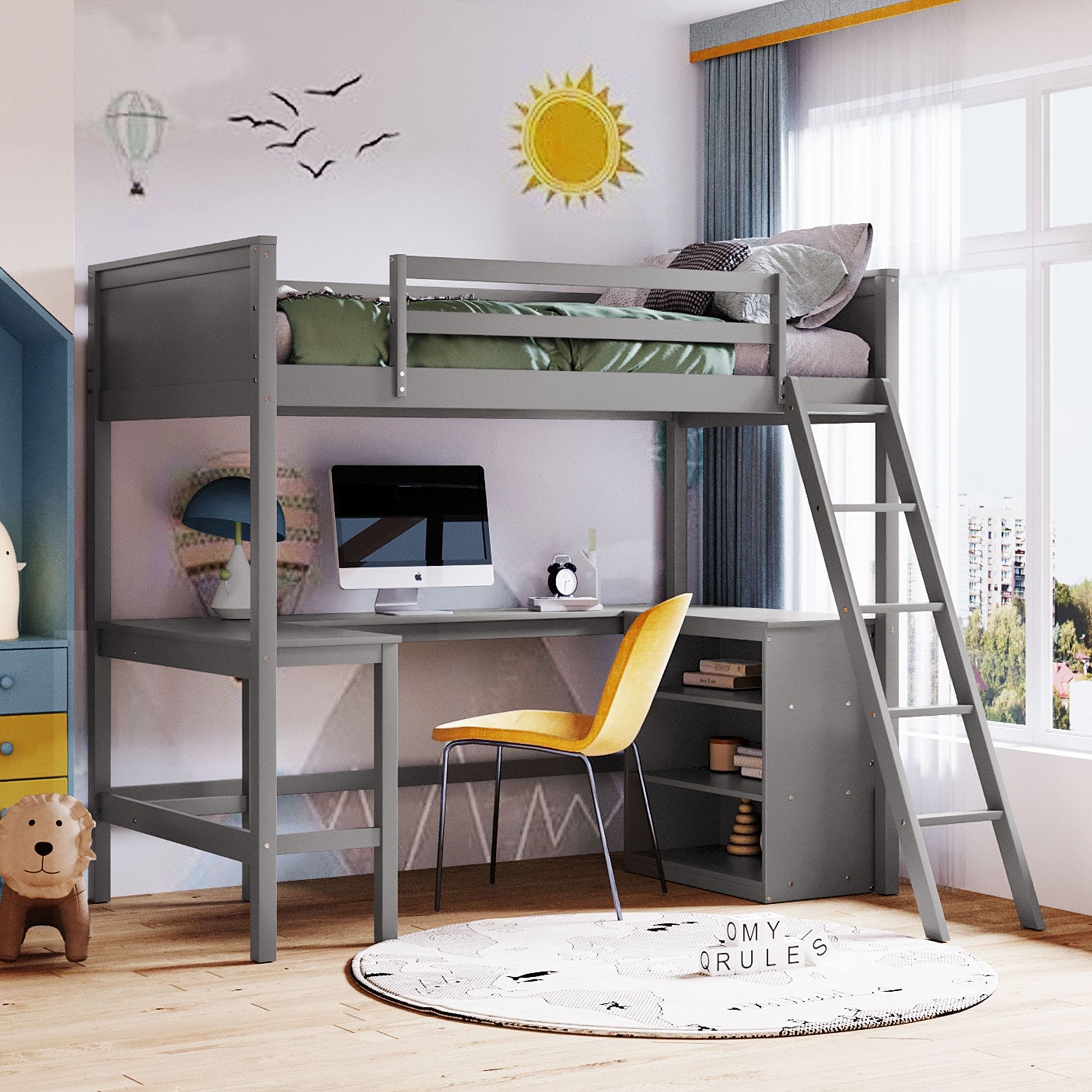 Full Size Loft Bed, Desk, Shelves and Storage Drawers, Solid Wood