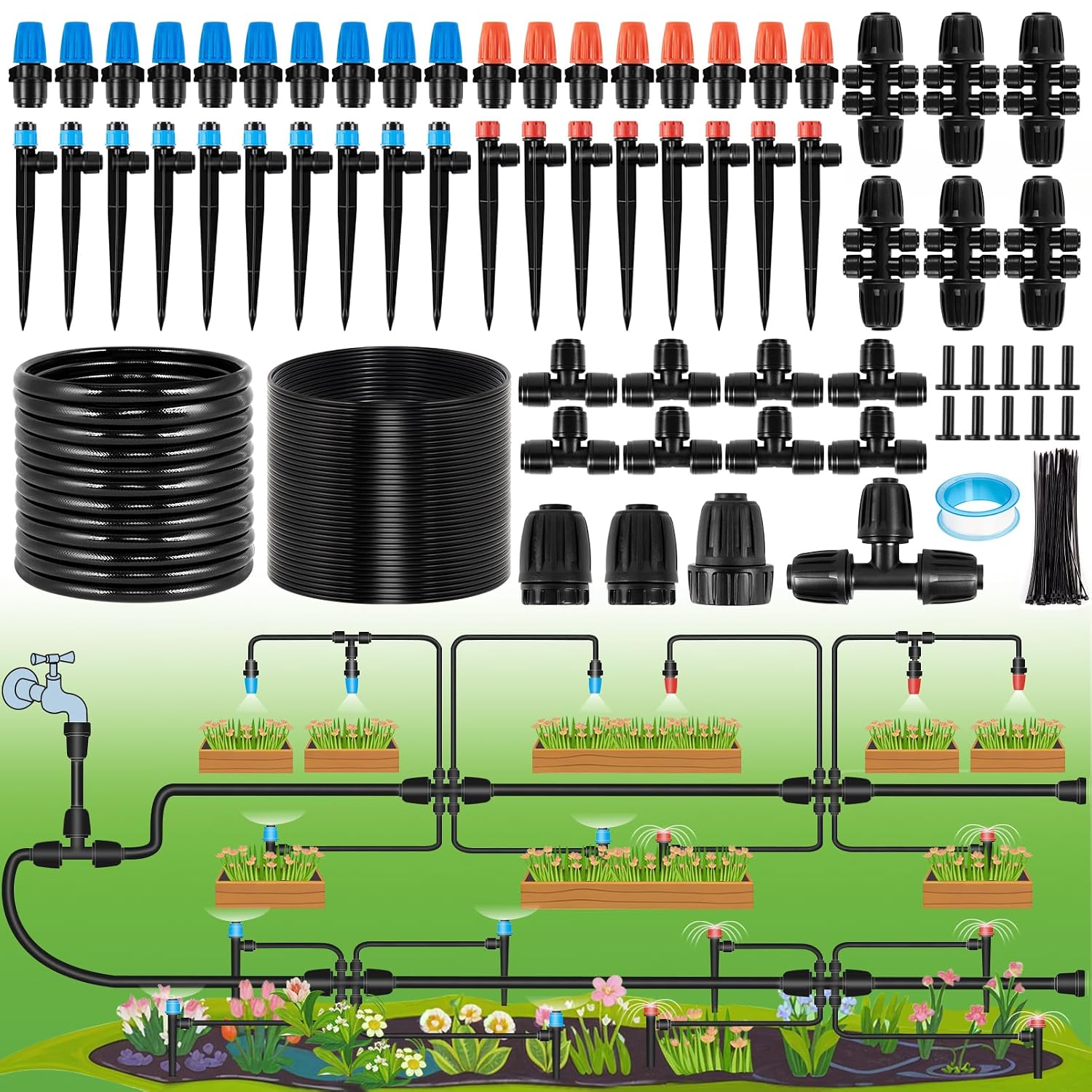 CJGQ 240 ft Drip Irrigation System Kit with 1/2 in and 1/4 in Tubing Hose Quick Connectors for Raised Beds Greenhouses Patios and Lawns