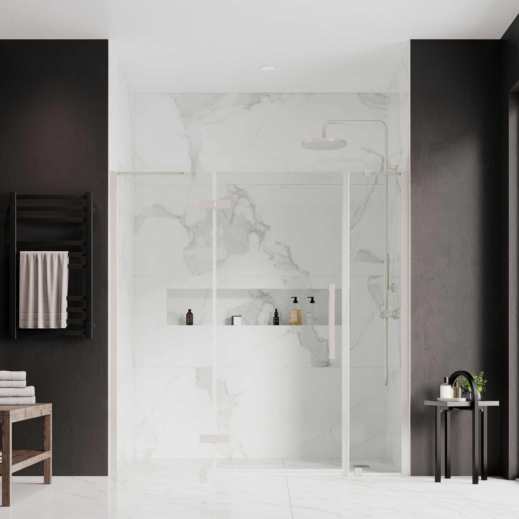 OVE Decors 828796055369 Tampa Satin nickel 69-3/4-in to 72-1/16-in W x 72-in H Frameless Pivot Shower door 5/16-in Thick Clear Glass