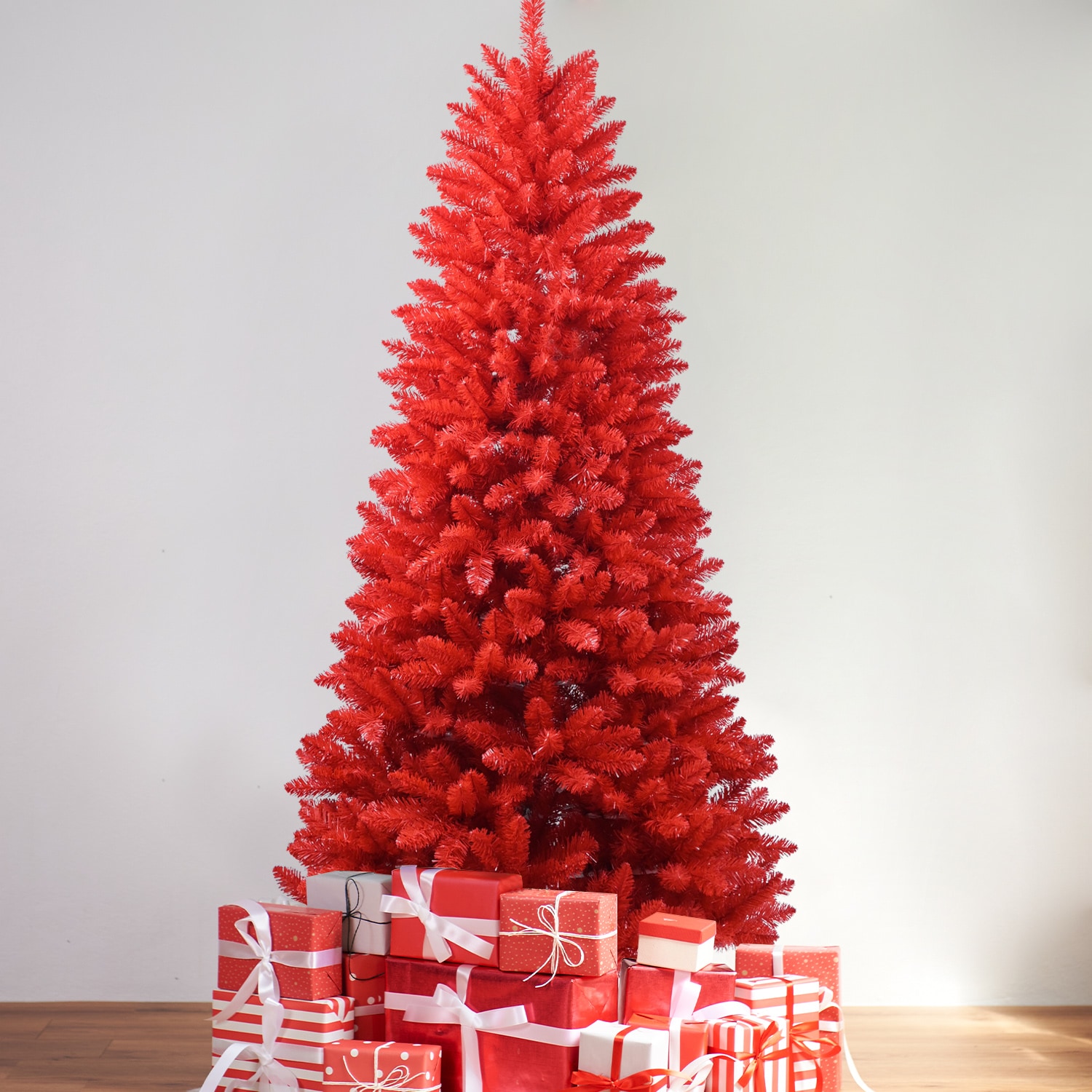 LUXEYARD 7FT Red Christmas Tree Pure Red PVC Tree with 1066 Tips Hinged Branches for Easy Setup Stable Metal Stand Bold Holiday Decoration