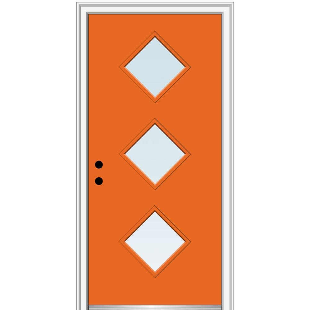 MMI DOOR ZZ348945R Spotlights 32-in x 80-in x 6-9/16-in Fiberglass Pulse lite Right-hand inswing Tangerine Painted Prehung Front Door with Brickmould Insulating core