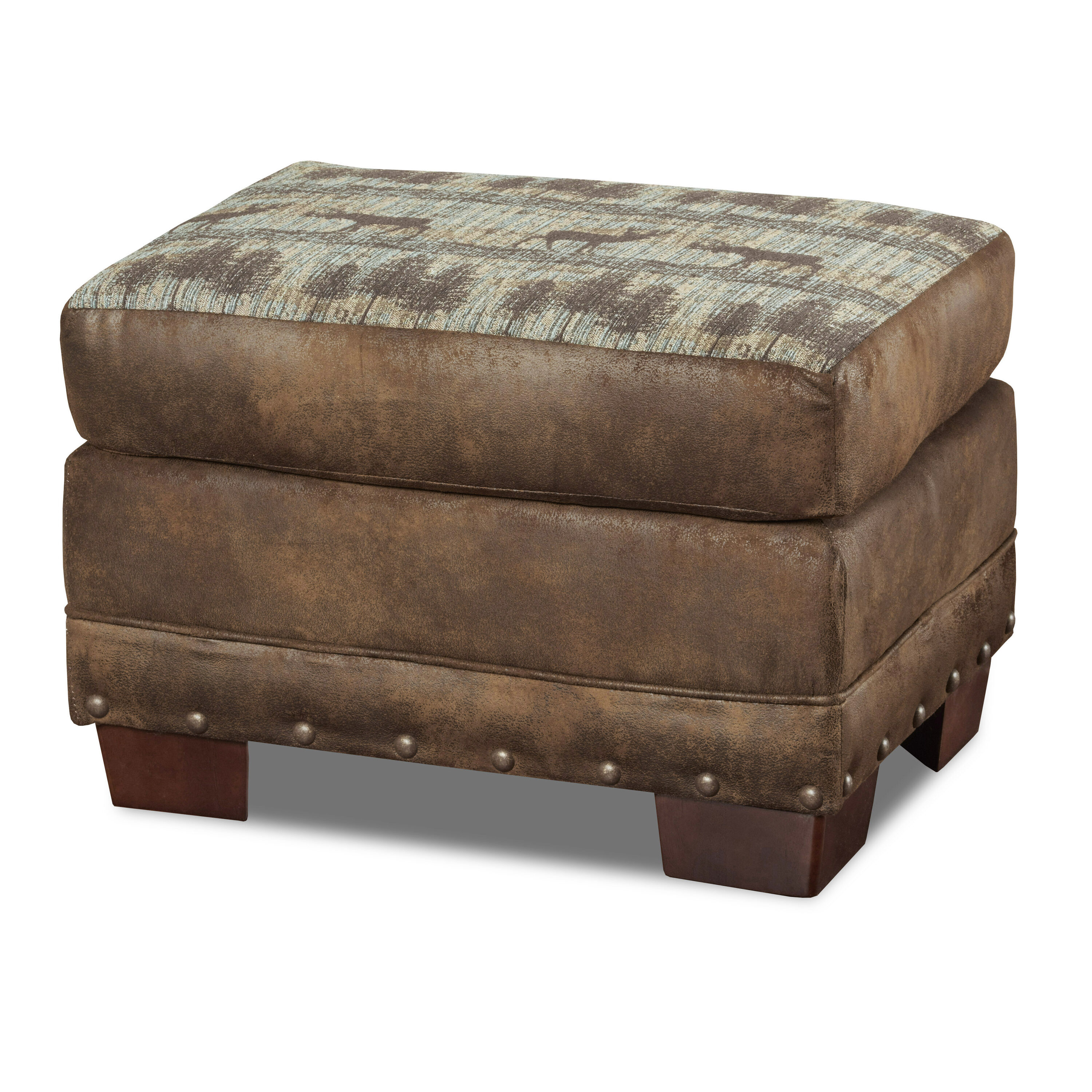 Teal and Brown Tapestry Lodge Ottoman with Wood Legs
