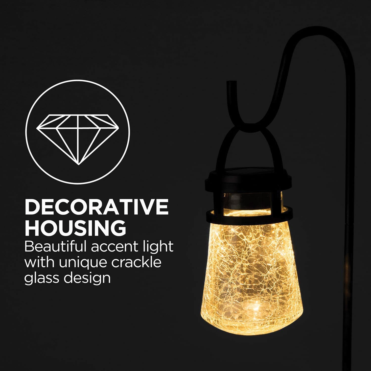 Black Matte Solar LED Pathway Lights with Crackle Glass, 2-Pack