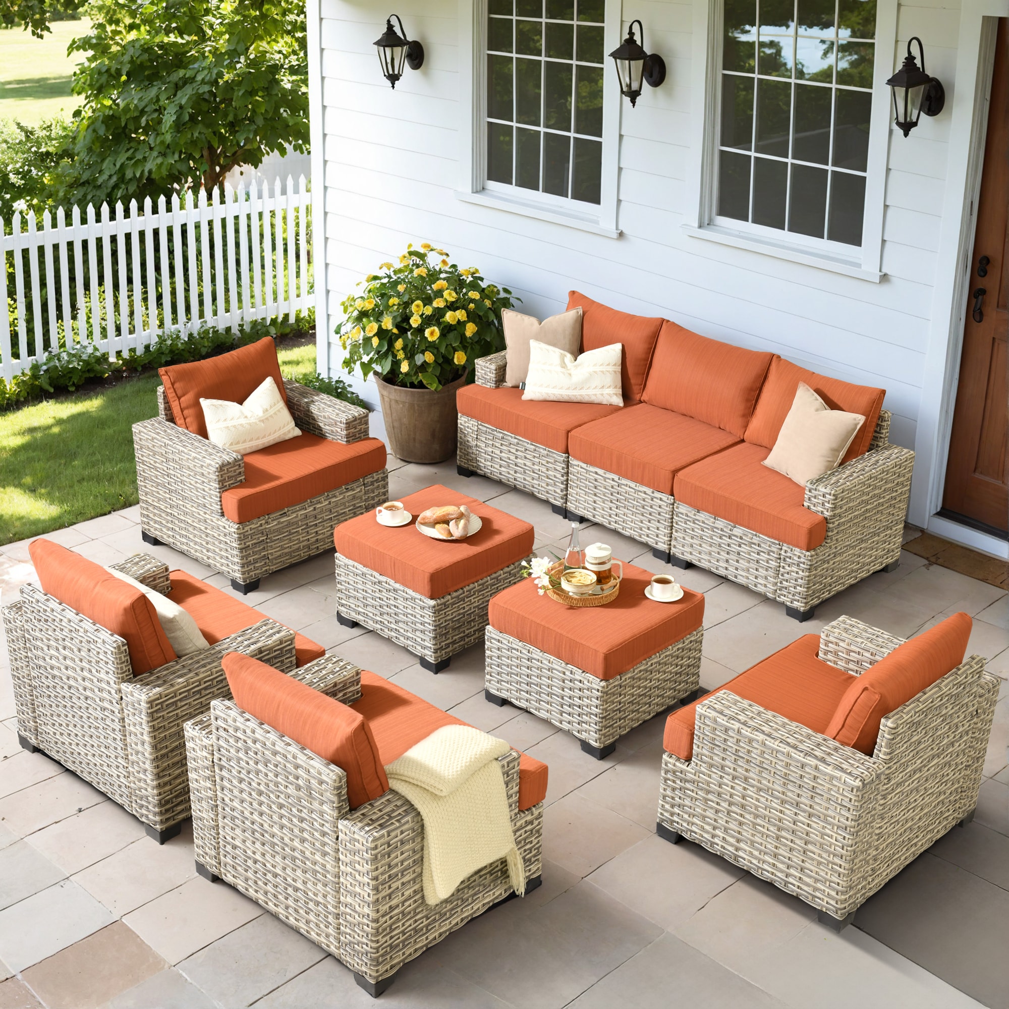 Ovios TS809 9 -Piece Rattan Patio Sofa Conversation Set with Orange