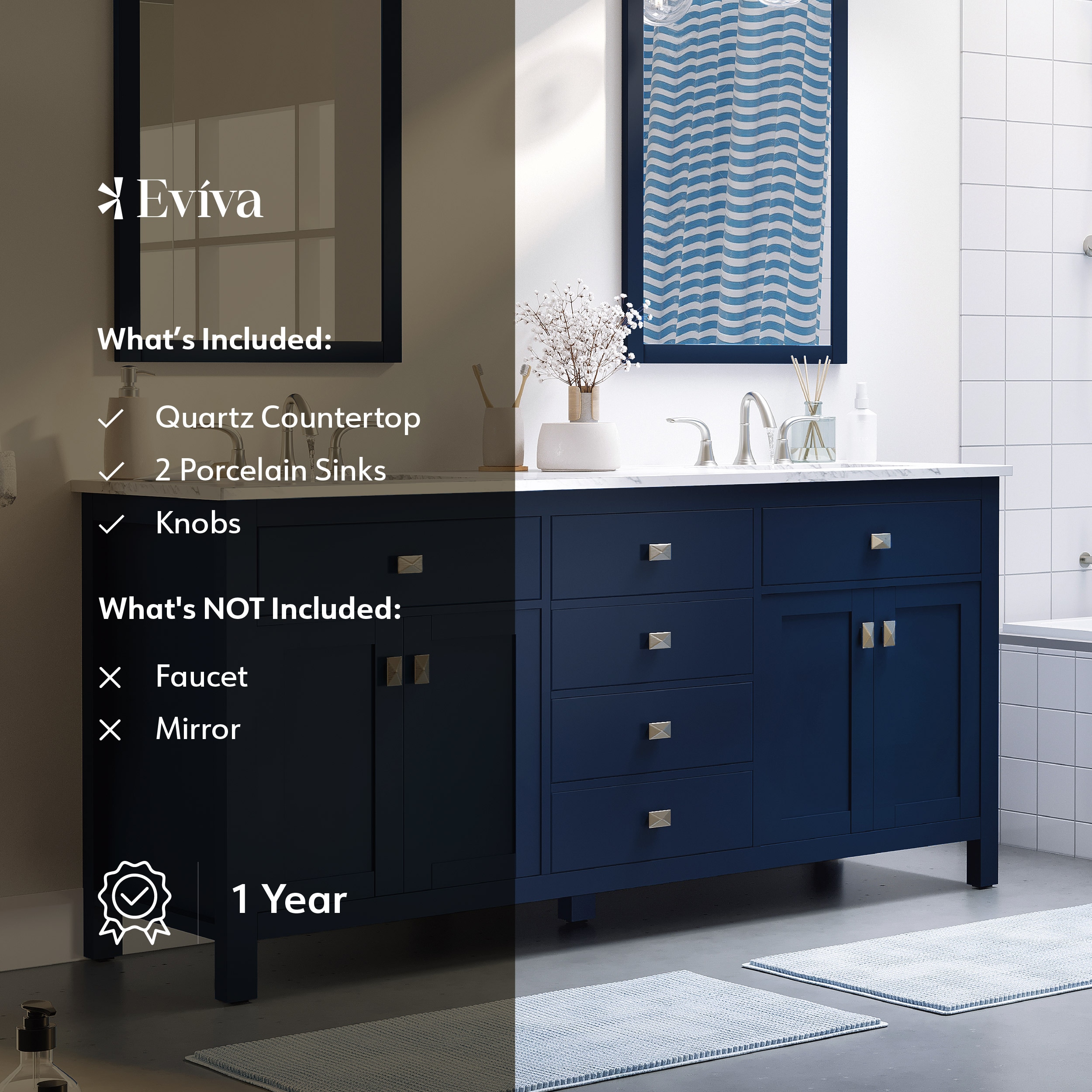 Artemis 60" Blue Double Sink Vanity with Quartz Top